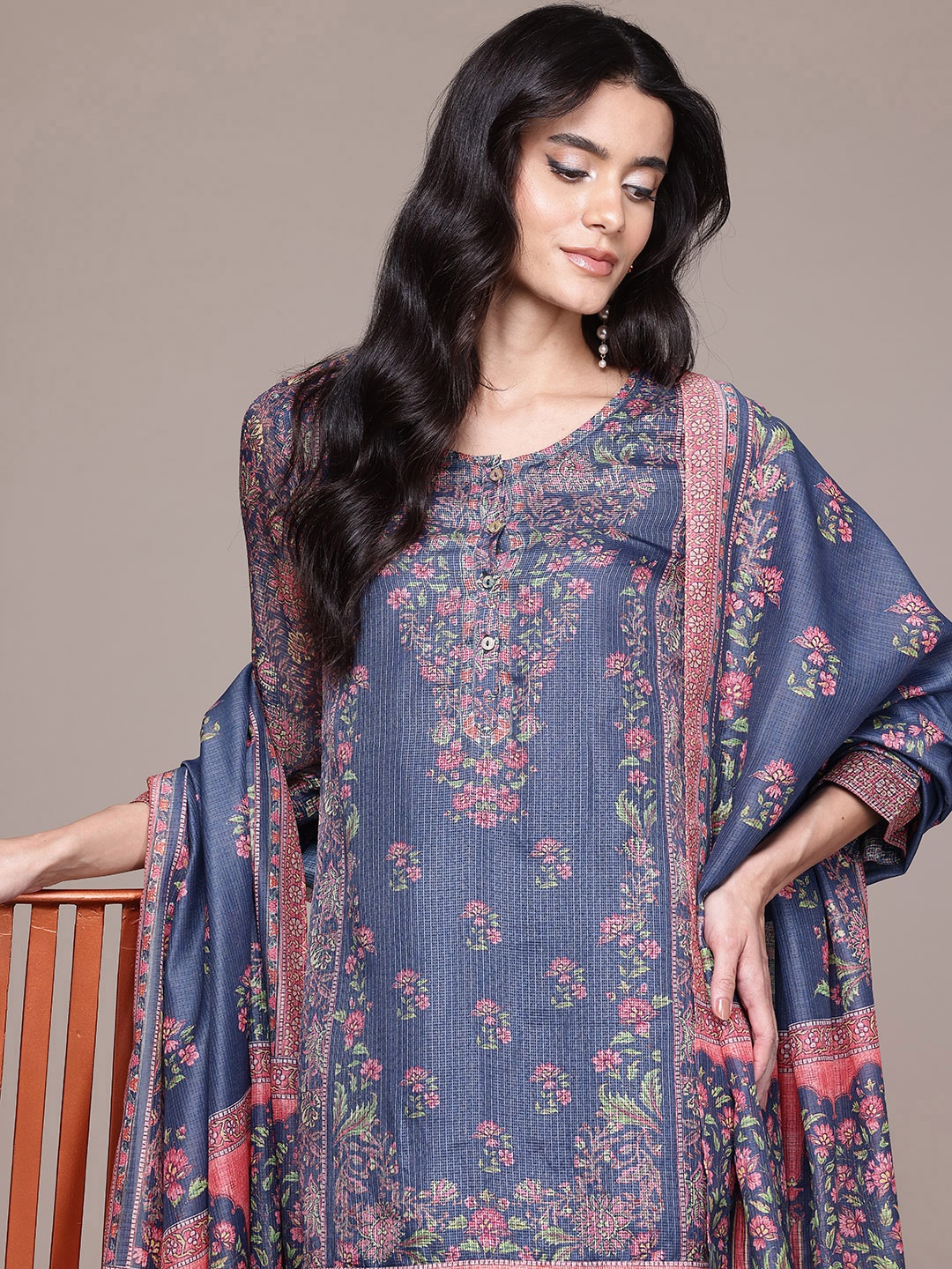 

aarke Ritu Kumar Floral Printed Kurta with Trousers & With Dupatta, Blue