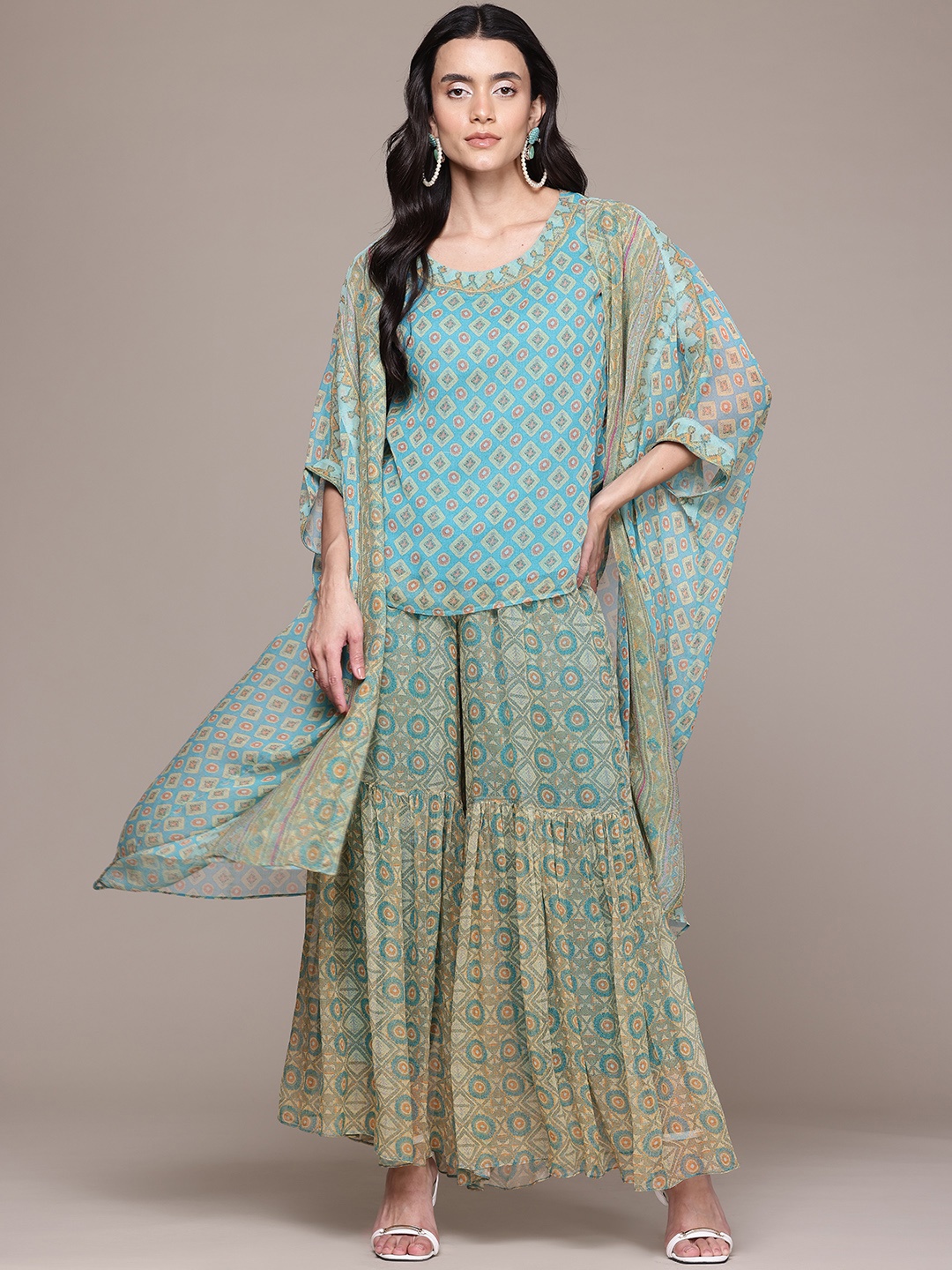 

aarke Ritu Kumar Ethnic Motifs Printed Top & Sharara with Shrug Co-Ord Set, Blue