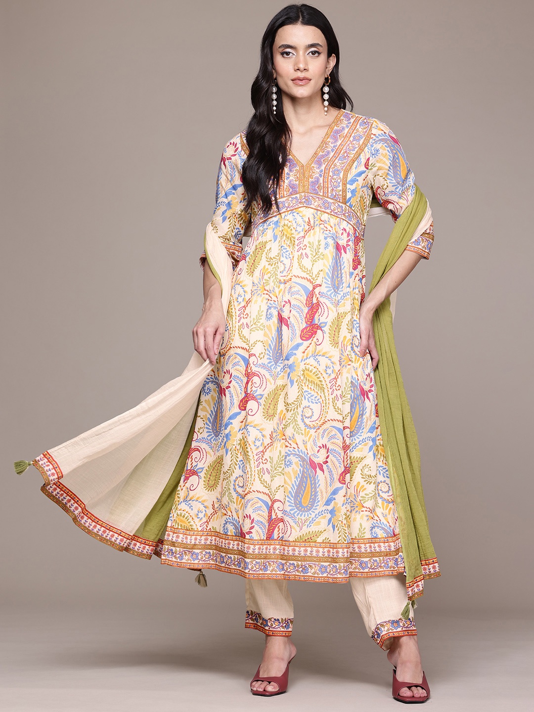 

aarke Ritu Kumar Paisley Printed Empire Pure Cotton Kurta with Trousers & With Dupatta, Off white