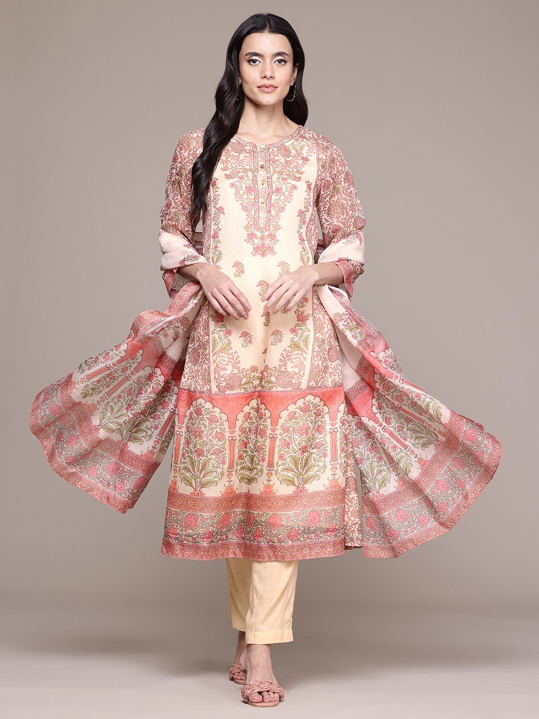 

aarke Ritu Kumar Floral Printed Kurta with Trousers & With Dupatta, Beige