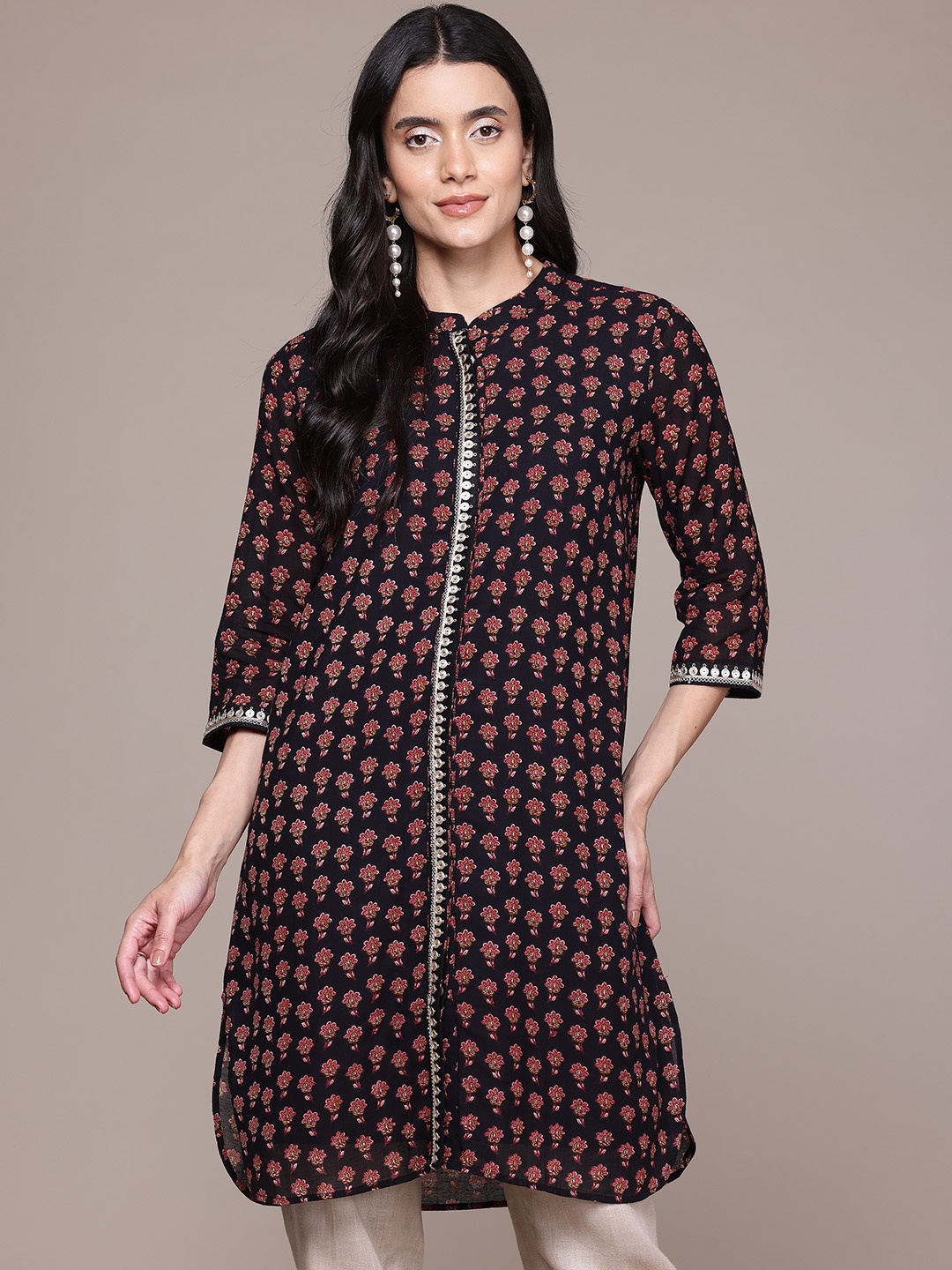 

aarke Ritu Kumar Floral Printed Flared Sleeves Sequinned Kurta, Black