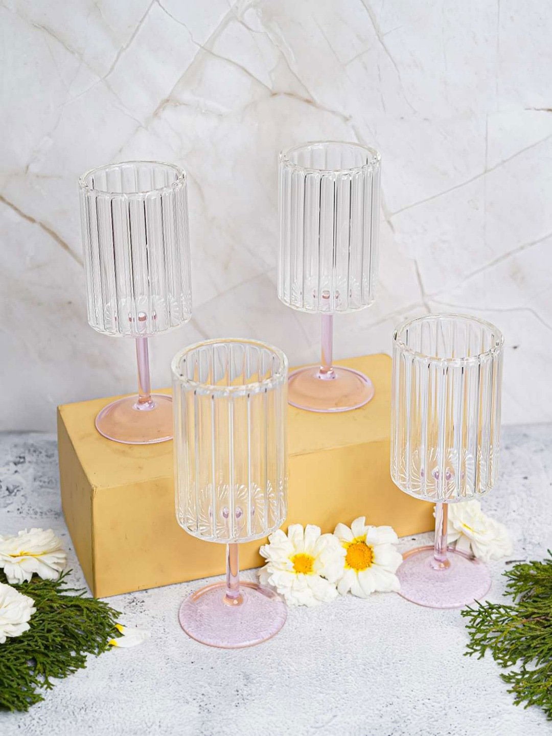

Aura Pink 4 Pieces Borosilicate Stem Ribbed Wine Bar Glass 280 ml Each
