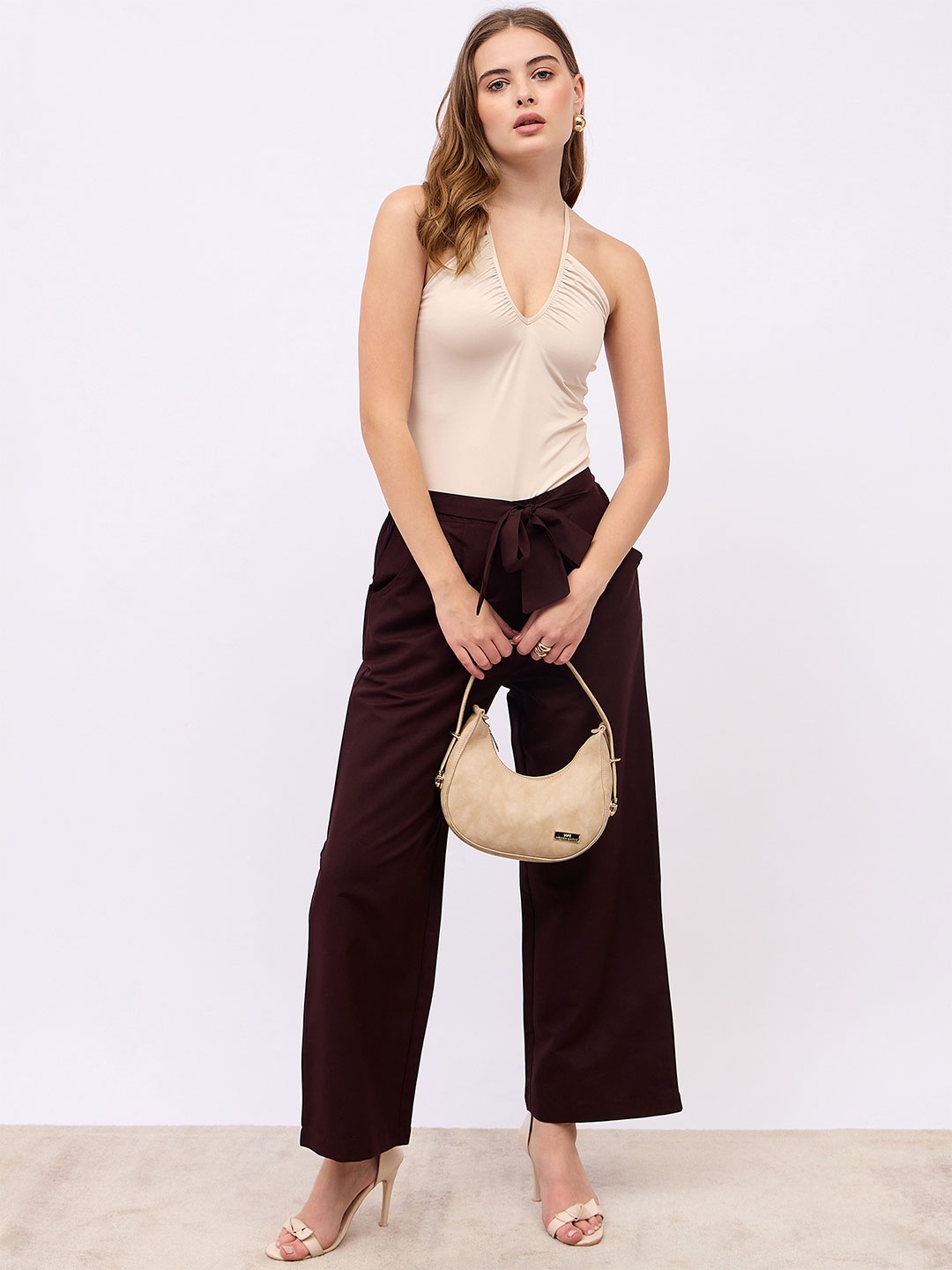 

Styli Womens High Rise Flared Trouser With Tie Up Detail At Waist, Brown