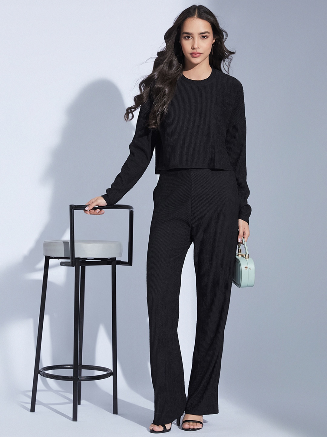 

Selvia Self Design Round Neck Top And Trousers, Black