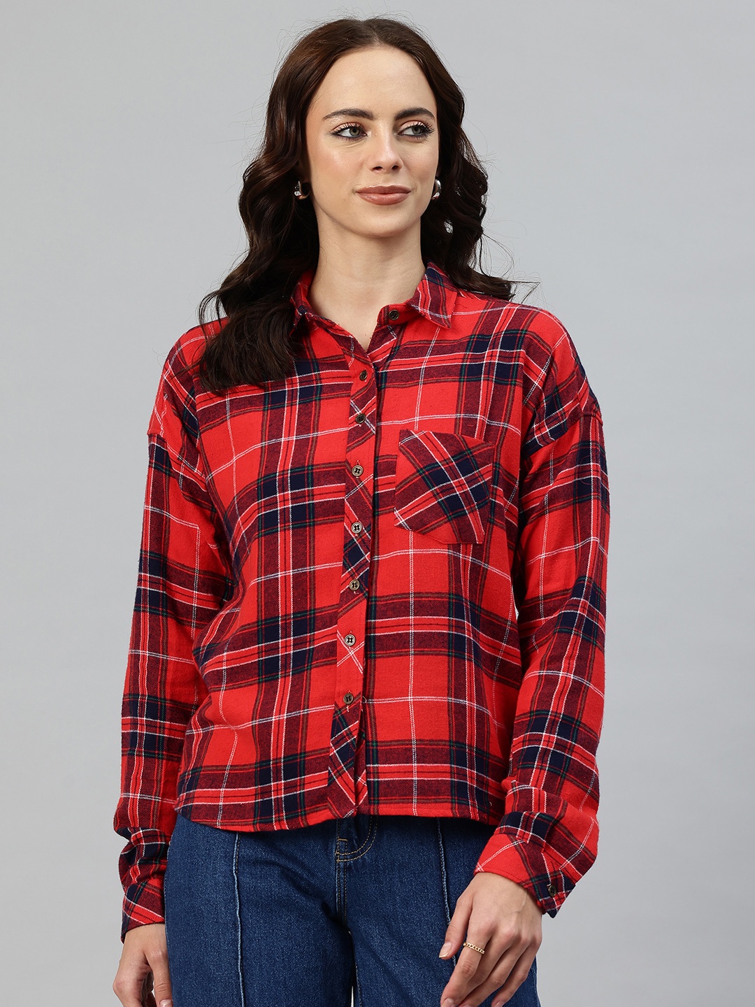 

One Femme Modern Checked Casual Shirt, Red