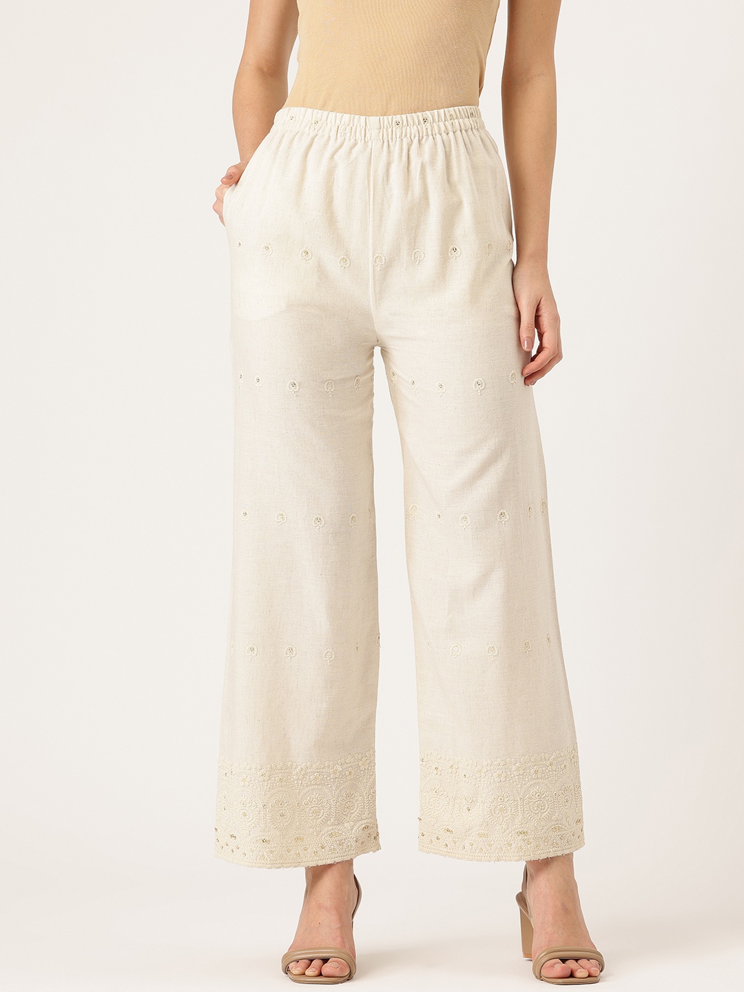 

FERANOID Women Embroidered Pure Cotton Ethnic Palazzos, Off white