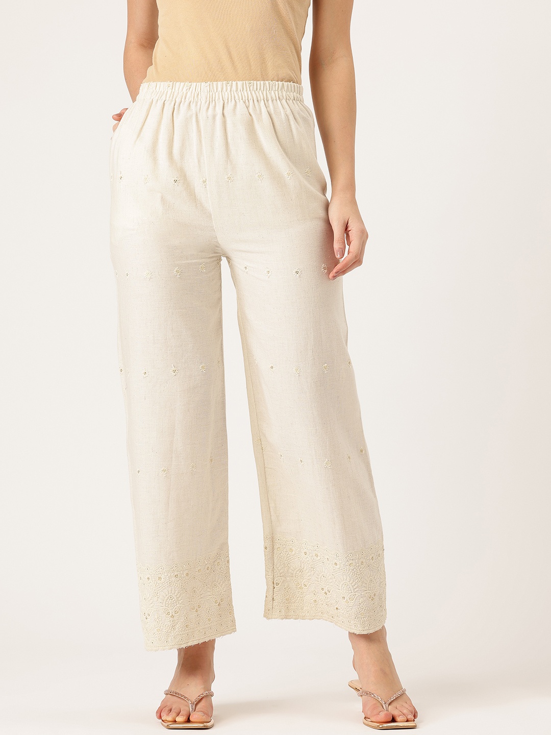 

FERANOID Women Paisley Embroidered Pure Cotton Ethnic Palazzos, Off white