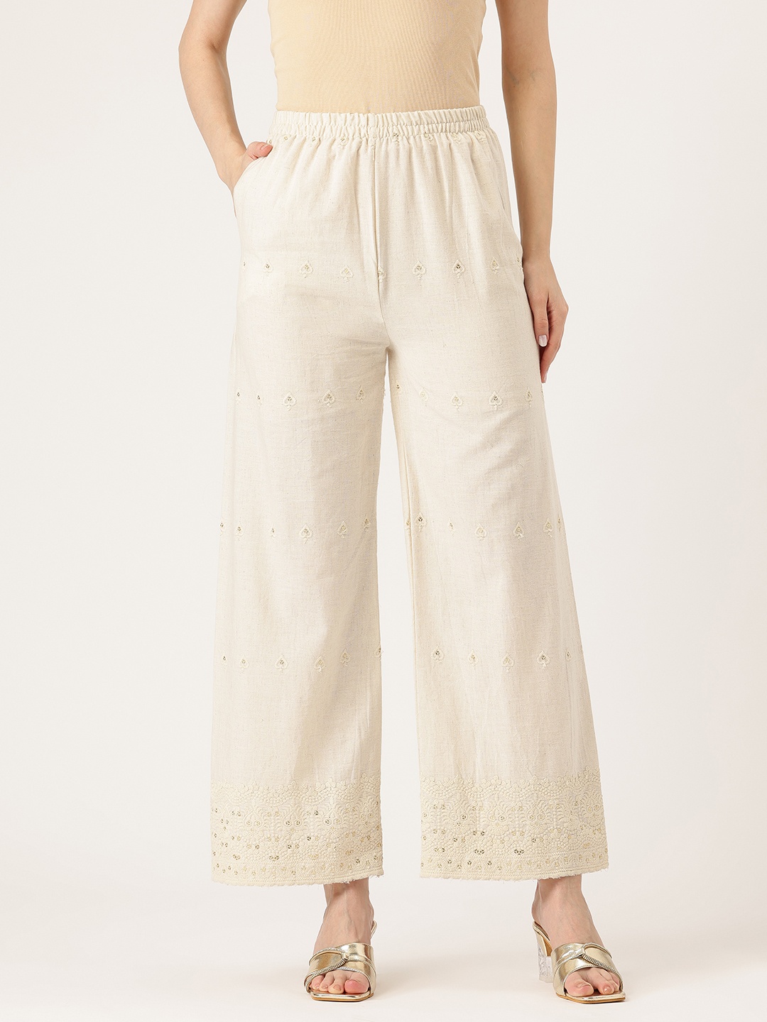 

FERANOID Women Embroidered Pure Cotton Ethnic Palazzos, Off white