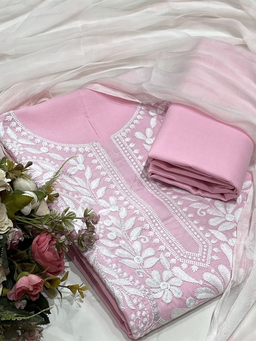 

SALWAR STUDIO Floral Embroidered Unstitched Dress Material, Pink