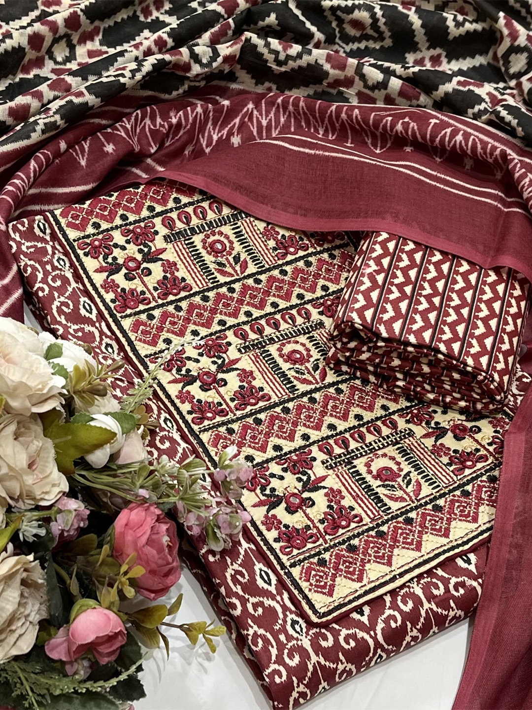 

SALWAR STUDIO Ethnic Motifs Printed Mirror Work Unstitched Dress Material, Maroon
