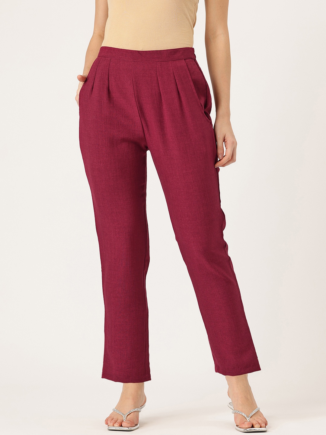 

FERANOID Women Original Easy Wash Linen Straight Fit Pleated Trousers, Maroon