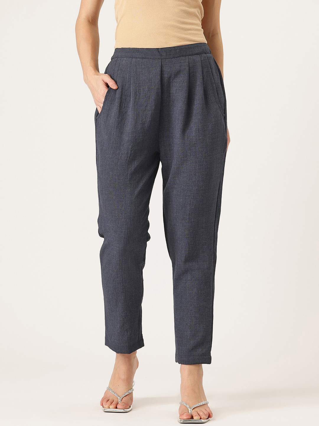 

FERANOID Women Original Easy Wash Linen Straight Fit Pleated Trousers, Blue