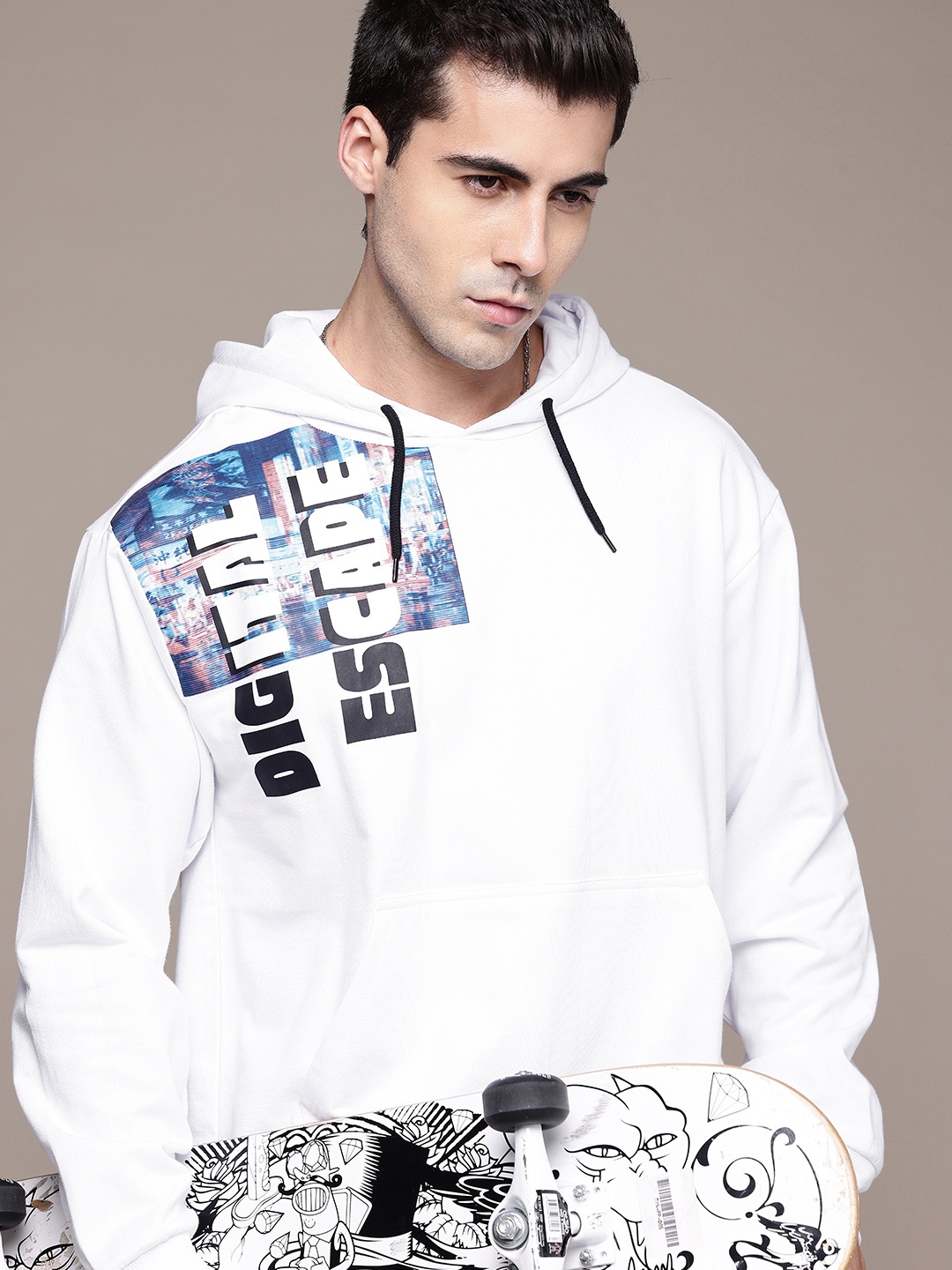 

Roadster Men Printed Hooded Pure Cotton Oversized Sweatshirt, White