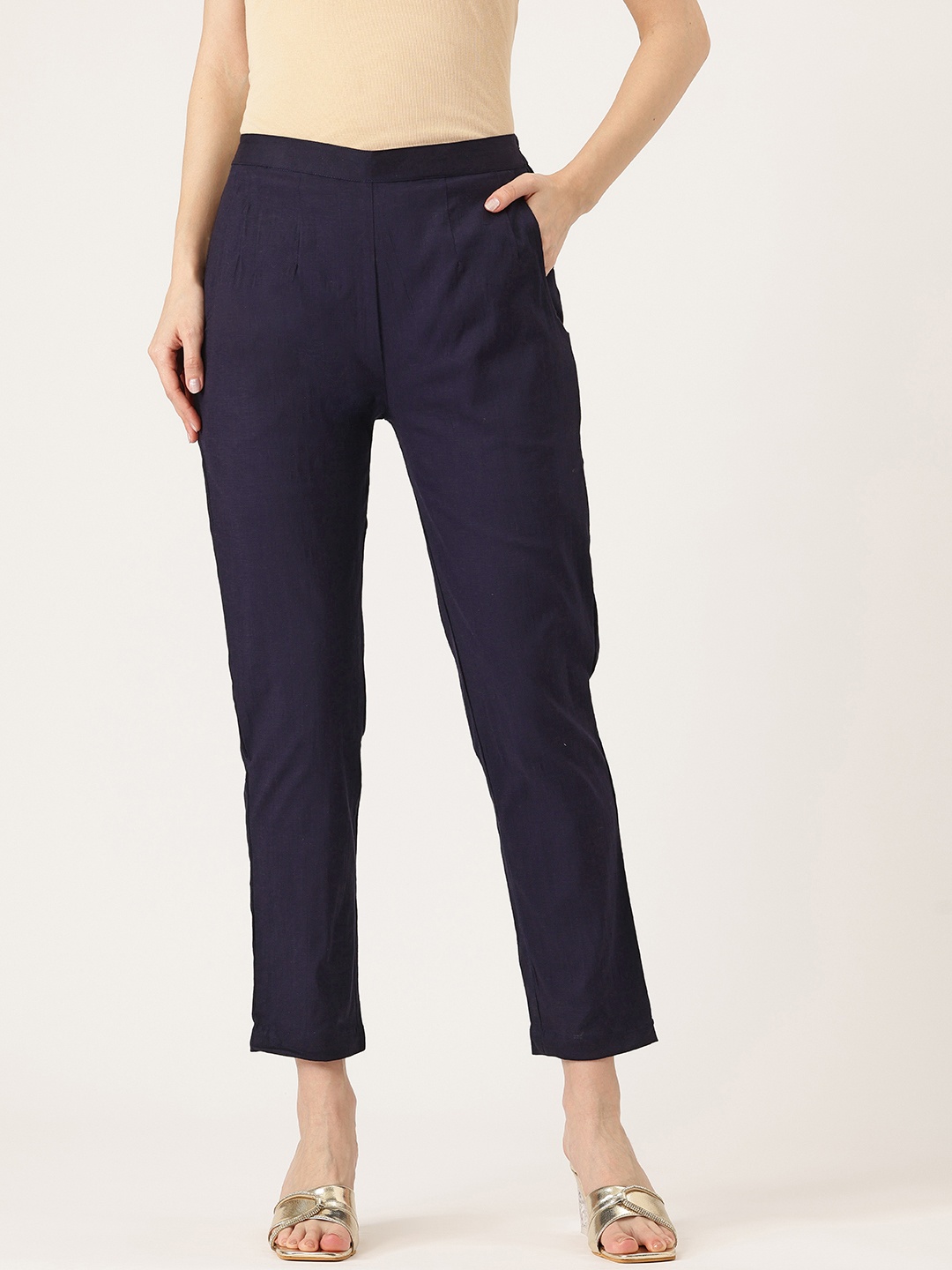 

FERANOID Women Original Easy Wash Lycra Straight Fit Trousers, Navy blue