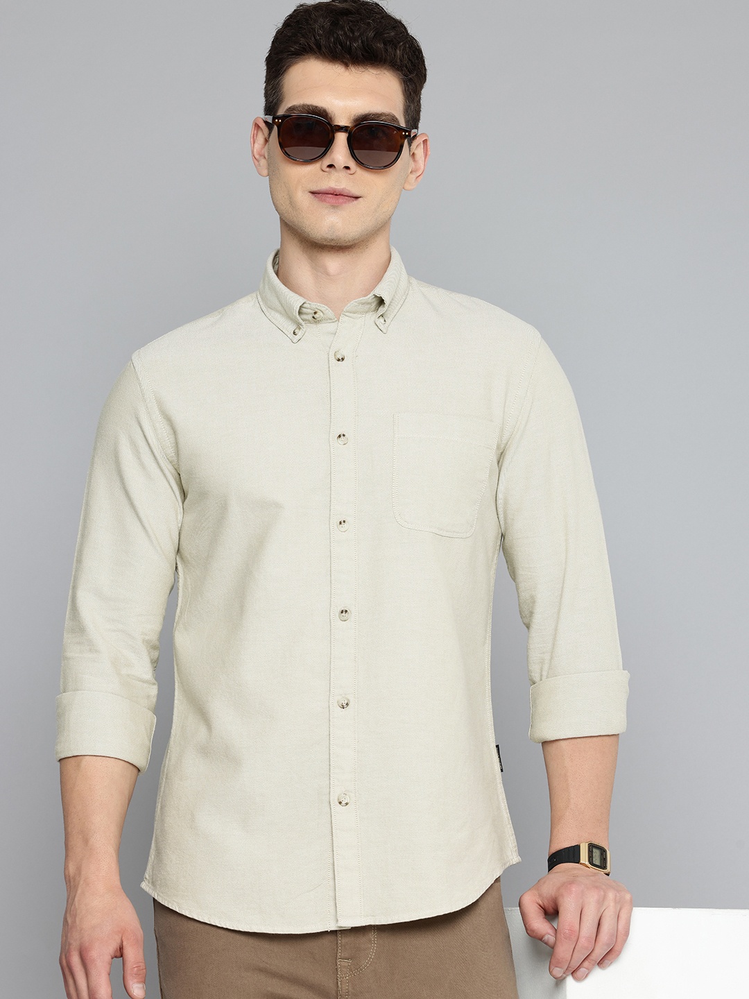 

Flying Machine Slim Fit Button-Down Collar Pure Cotton Casual Shirt, Green