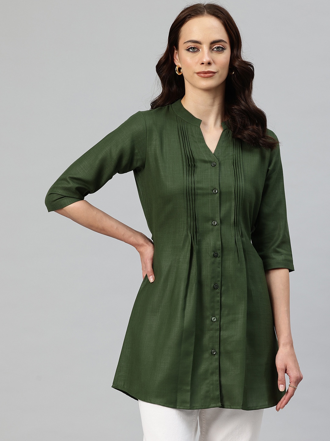 

One Femme Mandarin Collar Tunic, Green