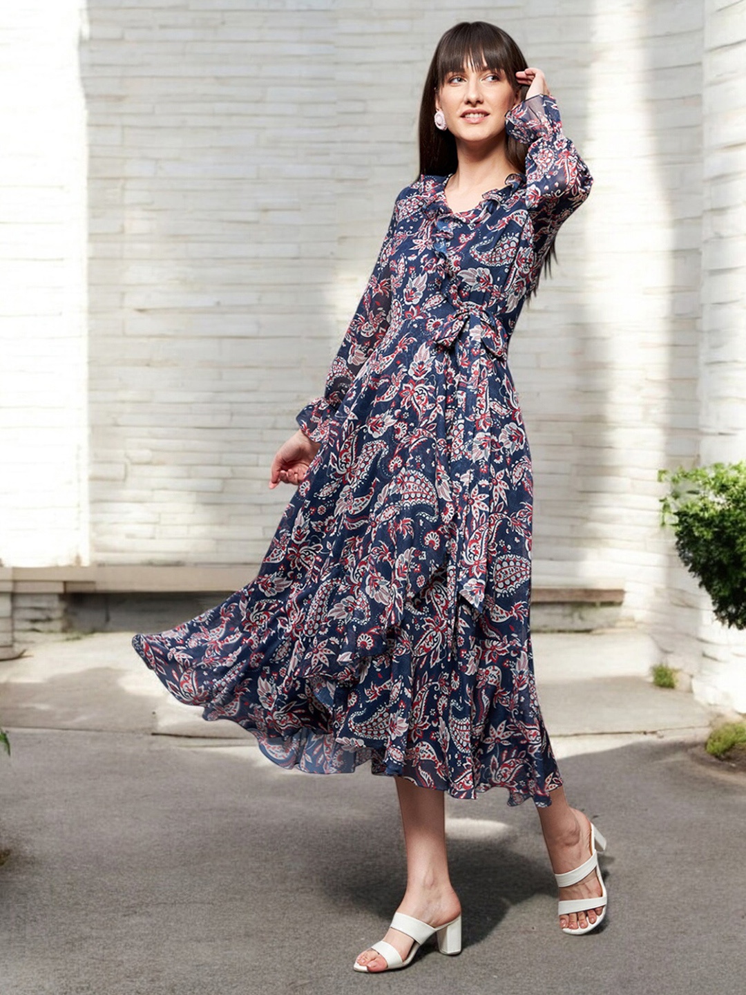 

Miss Chase Floral Print Flutter Sleeve Chiffon Fit & Flare Midi Dress, Navy blue