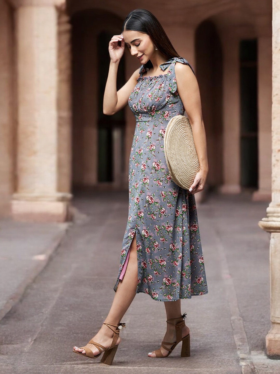 

Miss Chase Floral Print Georgette Fit & Flare Midi Dress, Grey