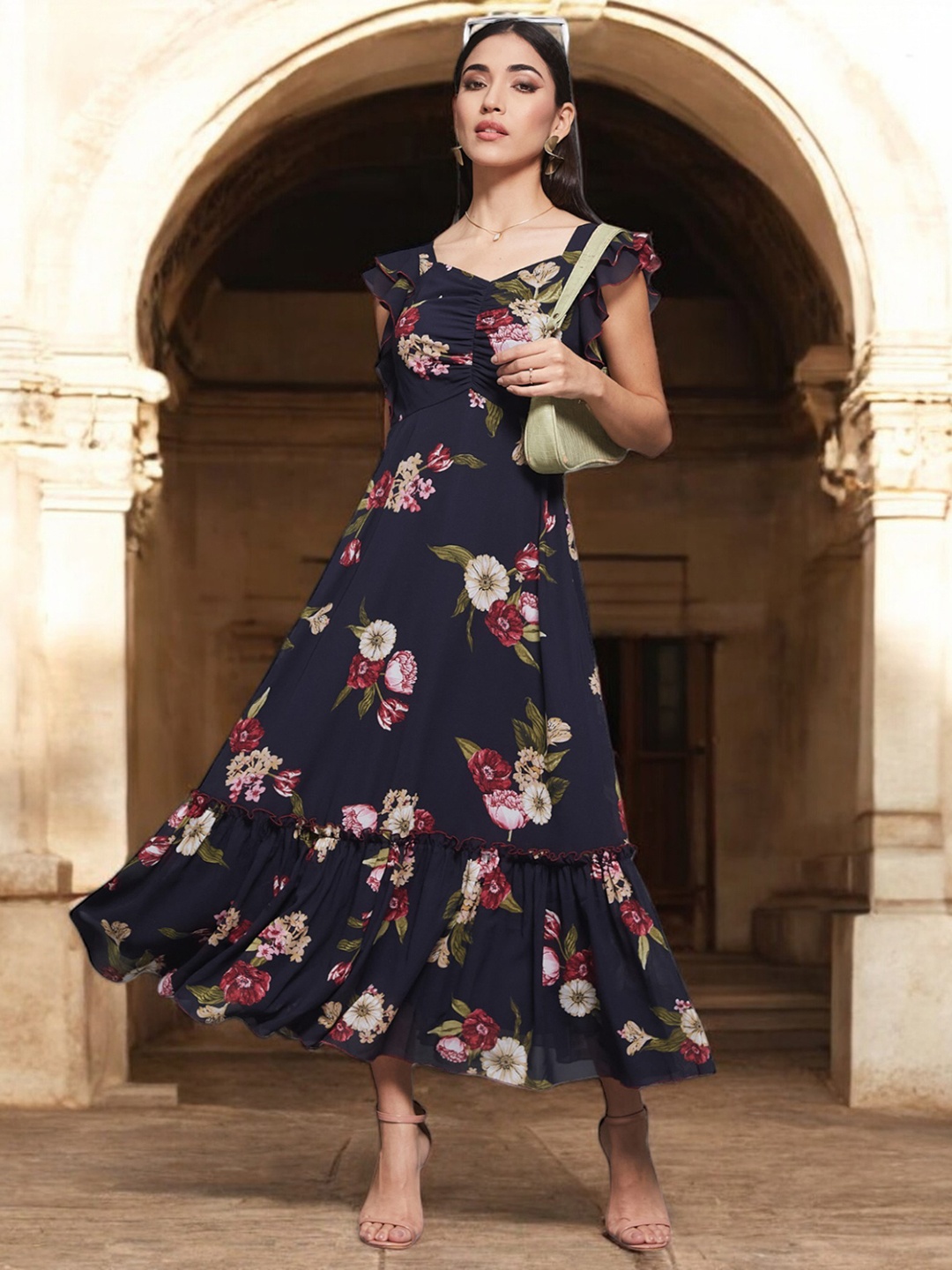 

Miss Chase Floral Print Georgette Fit & Flare Maxi Dress, Navy blue