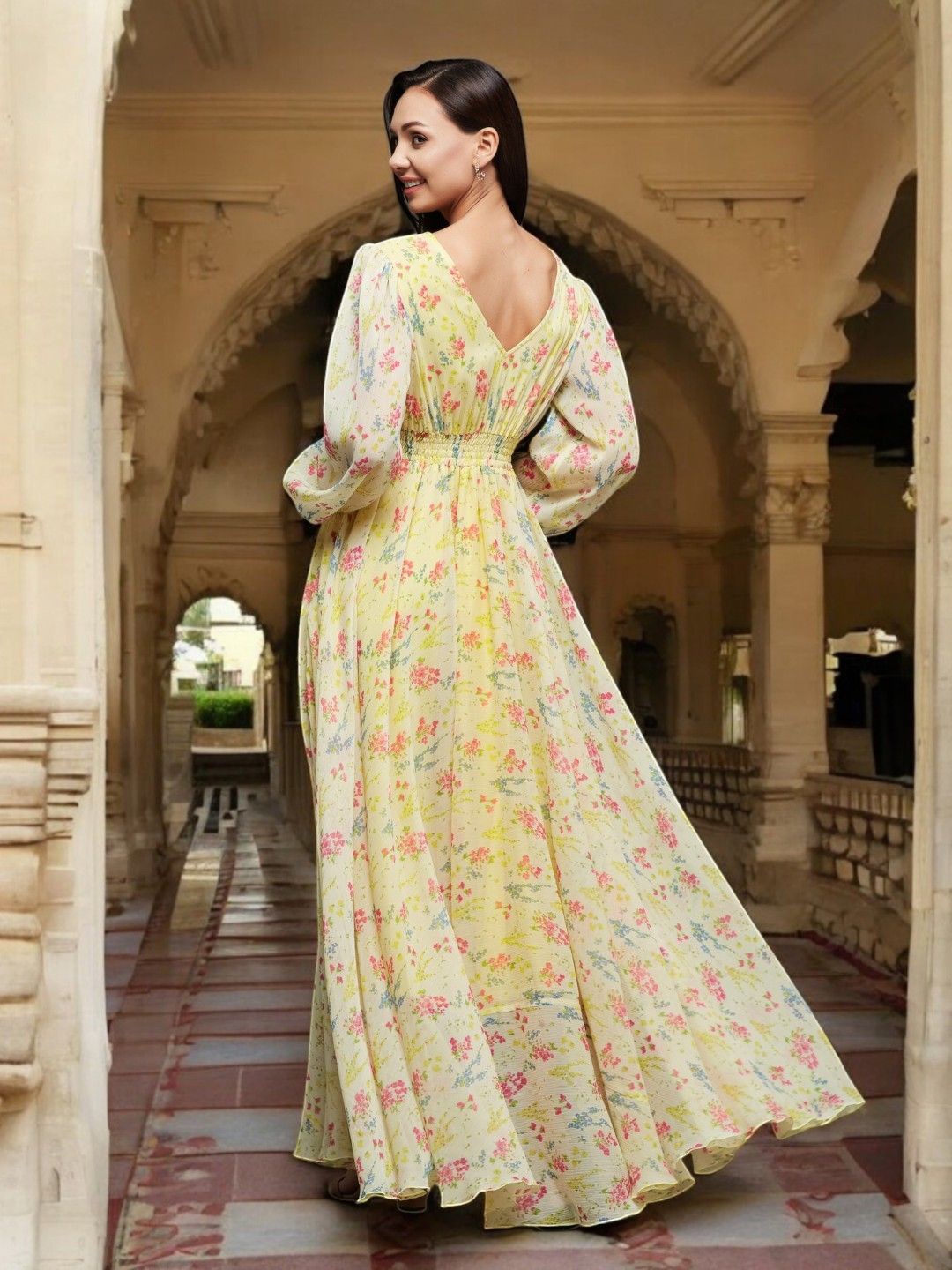

Miss Chase Floral Print Chiffon Fit & Flare Maxi Dress, Yellow