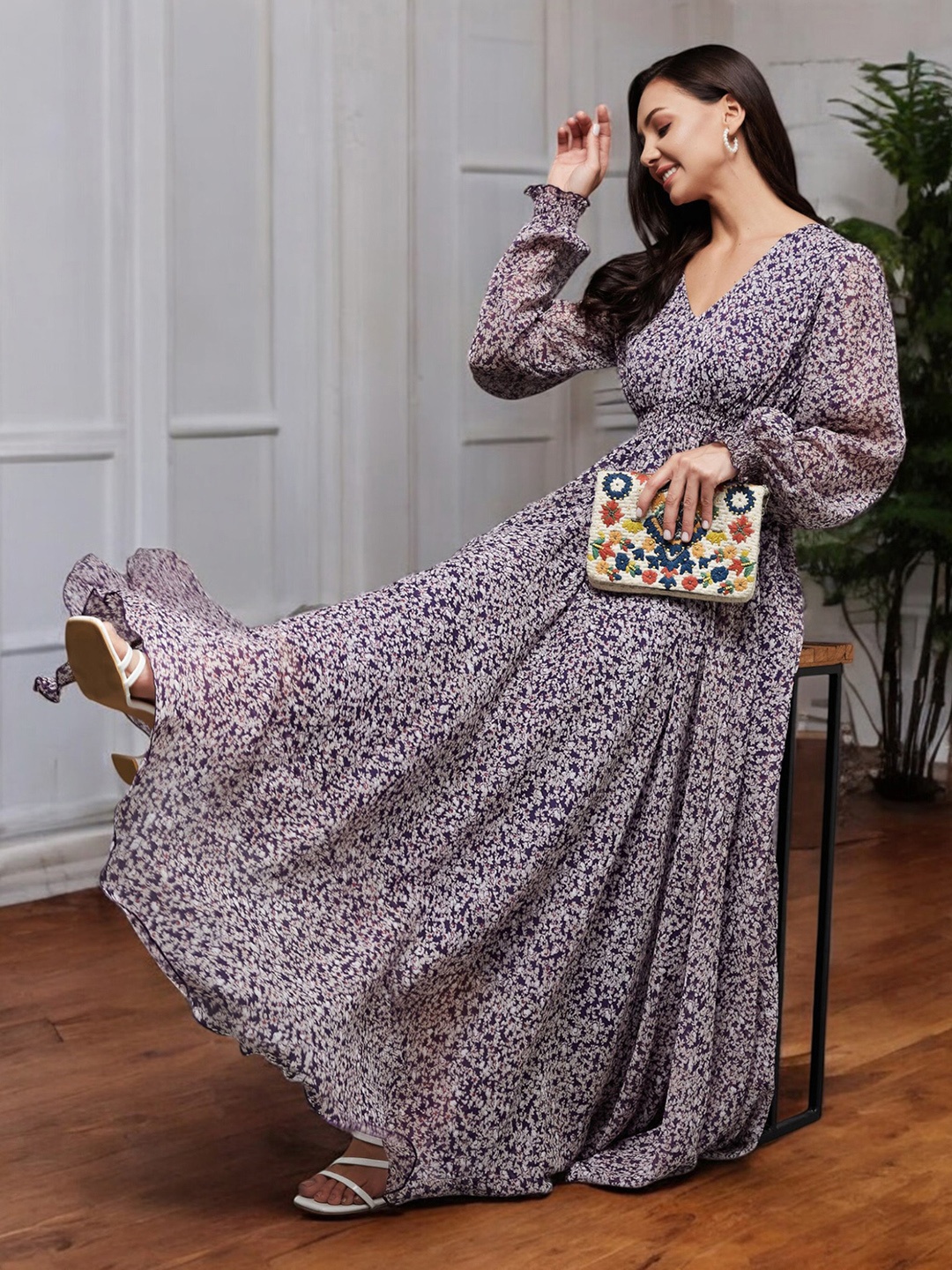 

Miss Chase Floral Print Chiffon Fit & Flare Maxi Dress, Purple