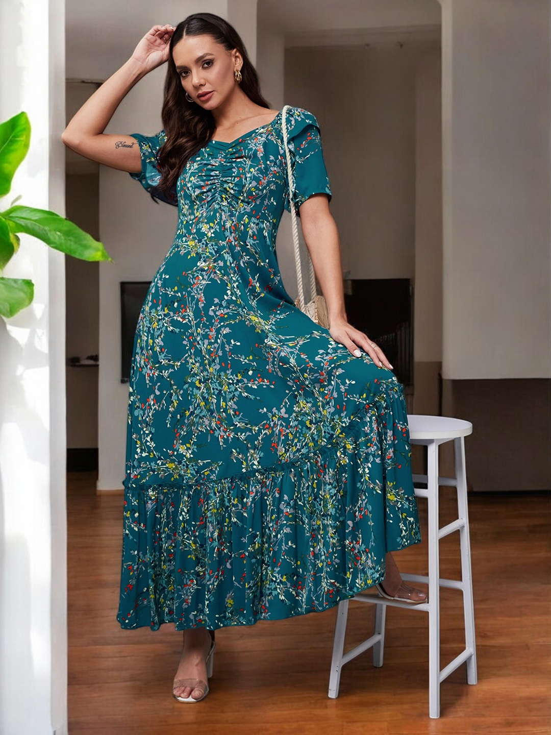 

Miss Chase Floral Print Crepe Fit & Flare Midi Dress, Turquoise blue