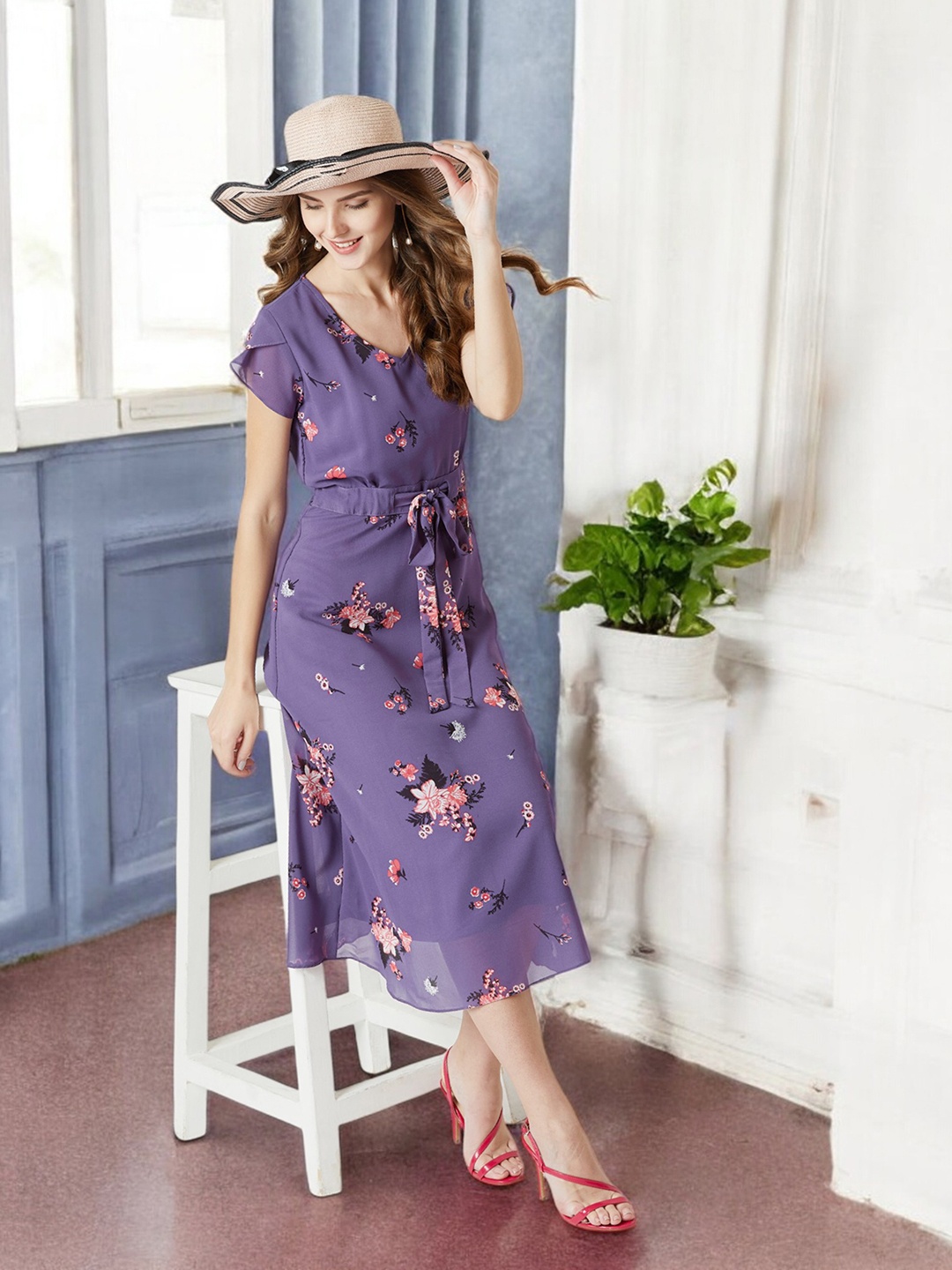 Miss Chase Floral Print Georgette Fit & Flare Midi Dress, Purple