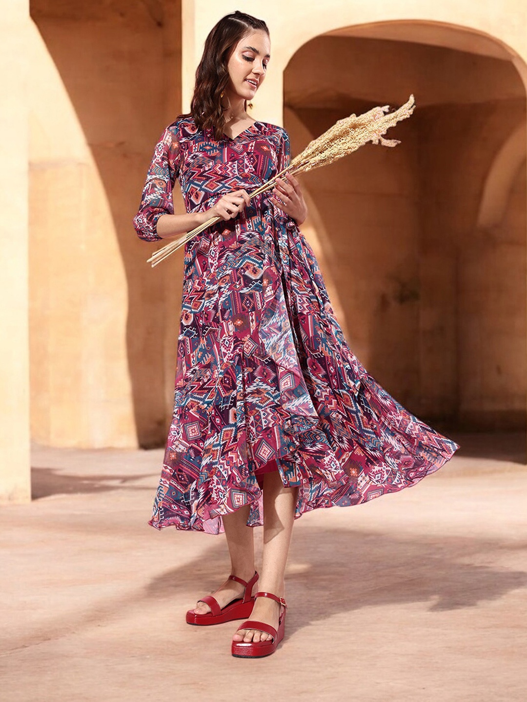 

Miss Chase Floral Print Bell Sleeve Chiffon Midi Dress, Multi