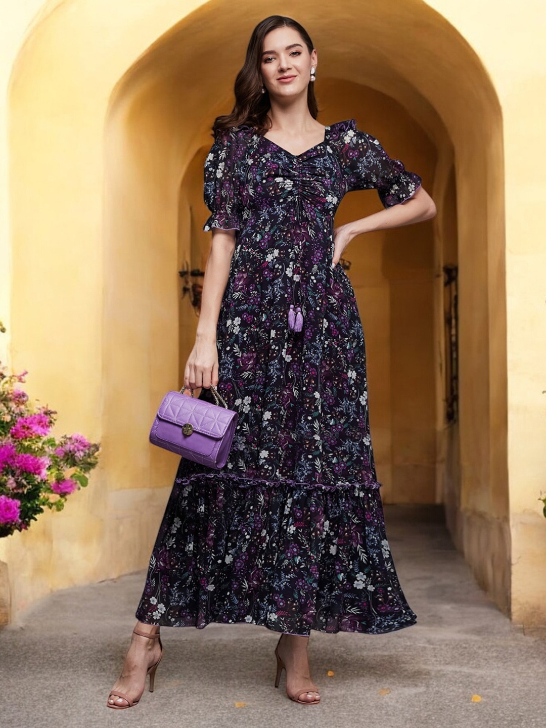 Miss Chase Floral Print Puff Sleeve Georgette Fit & Flare Maxi Dress, Multi
