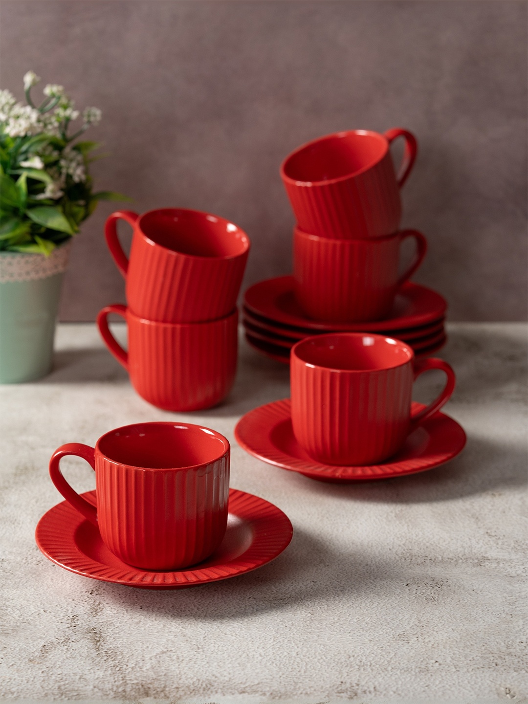 

Clay Craft Fine Ceramic Linea Red Cups & Saucer, Set Of 12, Cups For Tea & Coffee, Black