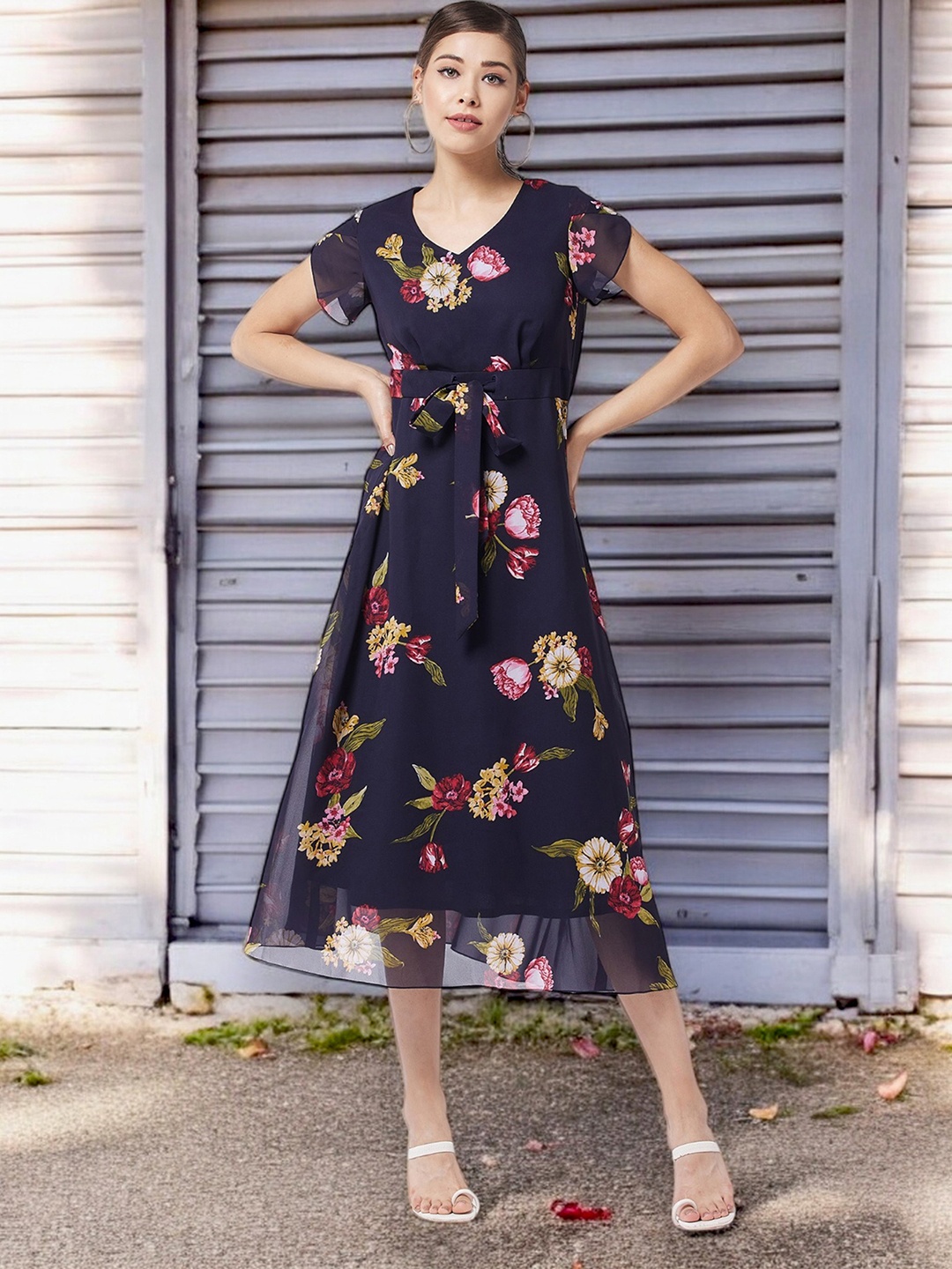 Miss Chase Floral Print Georgette A-Line Midi Dress, Multi