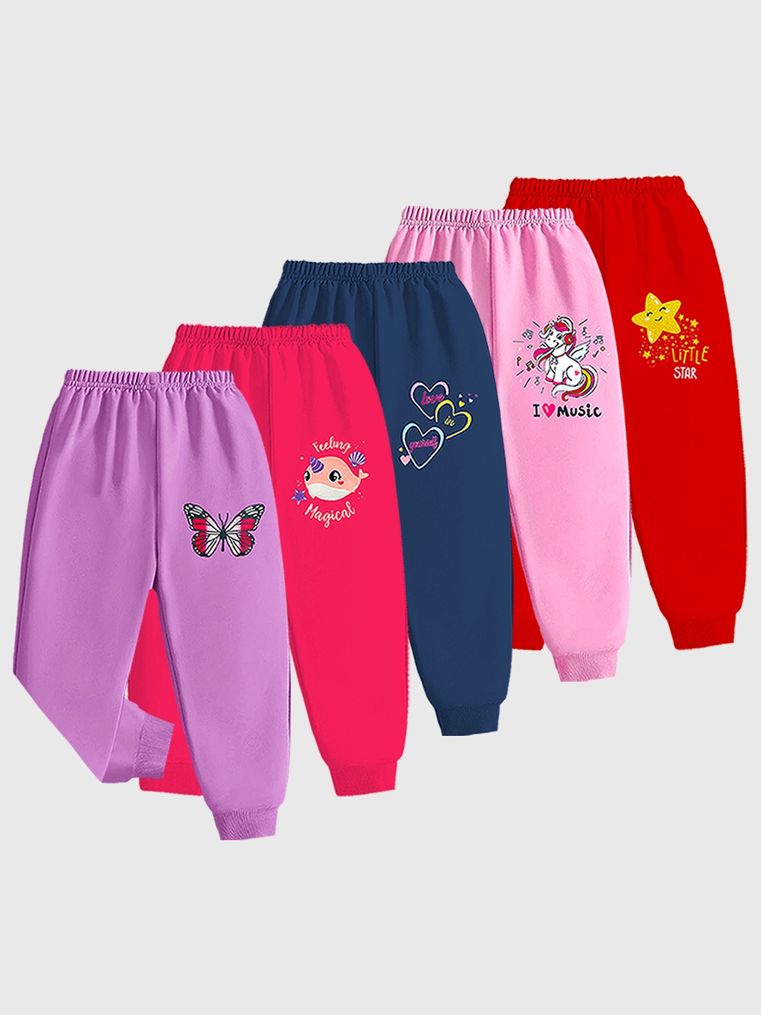 

KUCHIPOO Infant Girls Pack Of 5 Printed Joggers, Purple