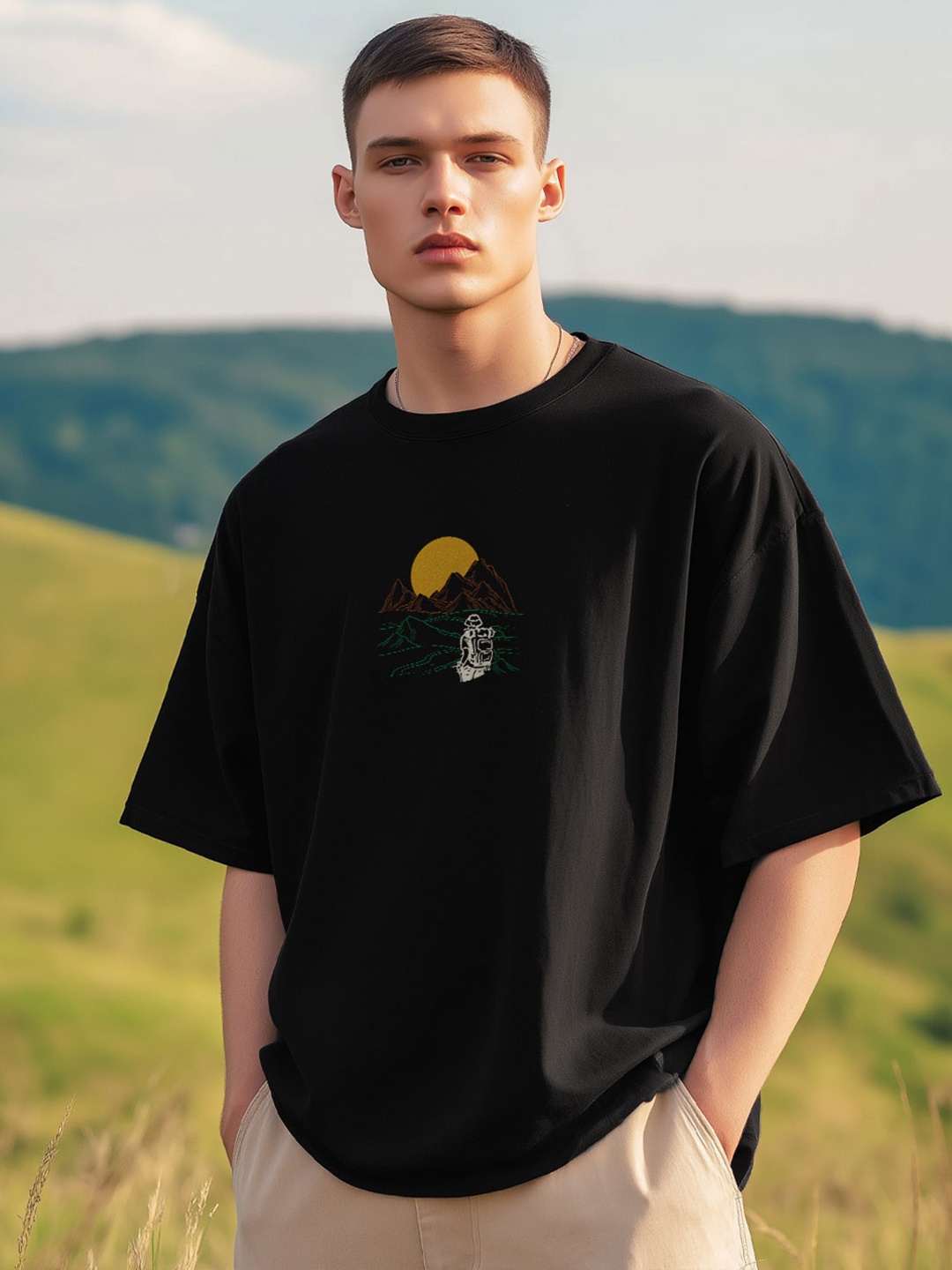 

NOBERO Men Graphic Printed Round Neck Cotton Oversized T-shirt, Black