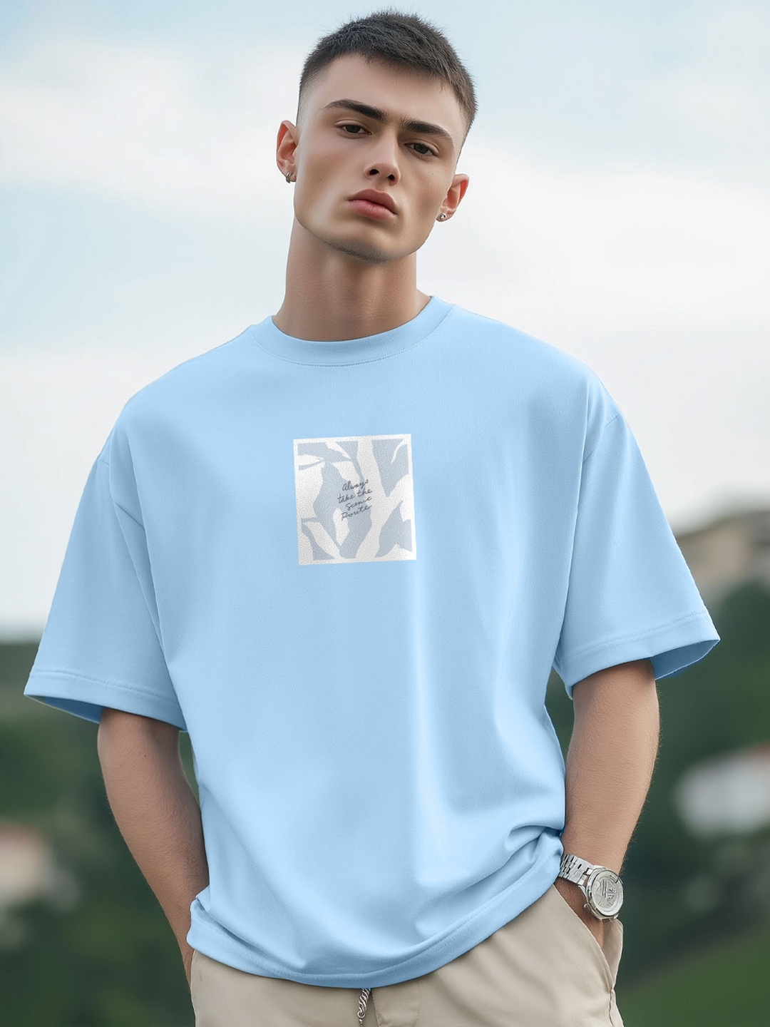 

NOBERO Men Graphic Printed Round Neck Cotton Oversized T-shirt, Blue