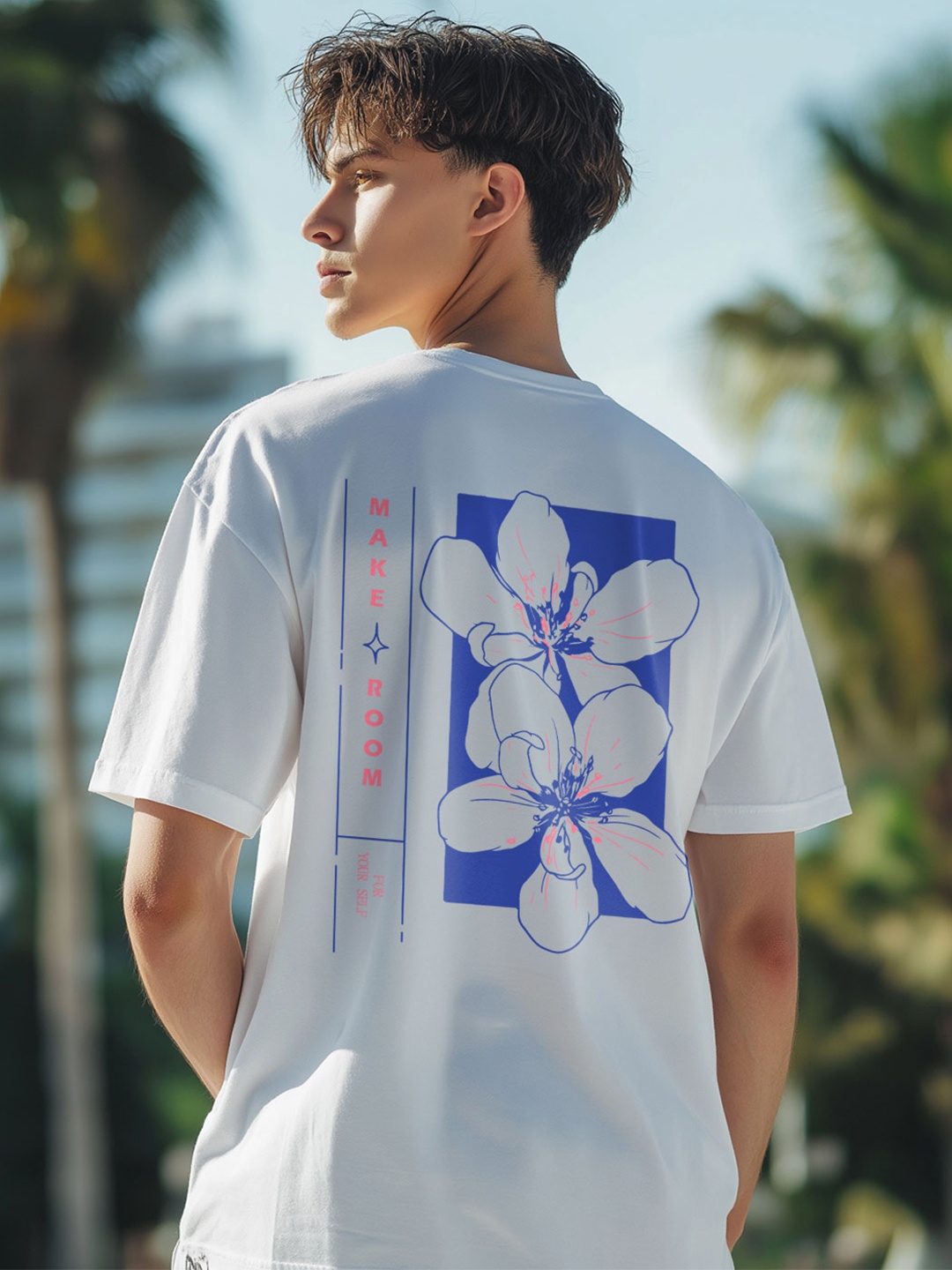 

NOBERO Men Floral Printed Round Neck Cotton Oversized T-shirt, White