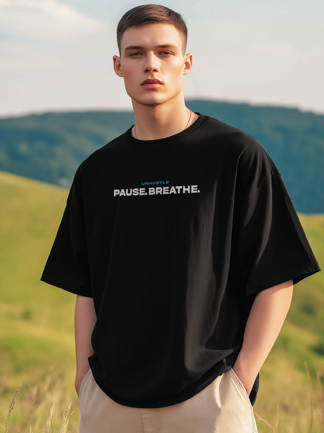 

NOBERO Men Typography Printed Round Neck Cotton Oversized T-shirt, Black