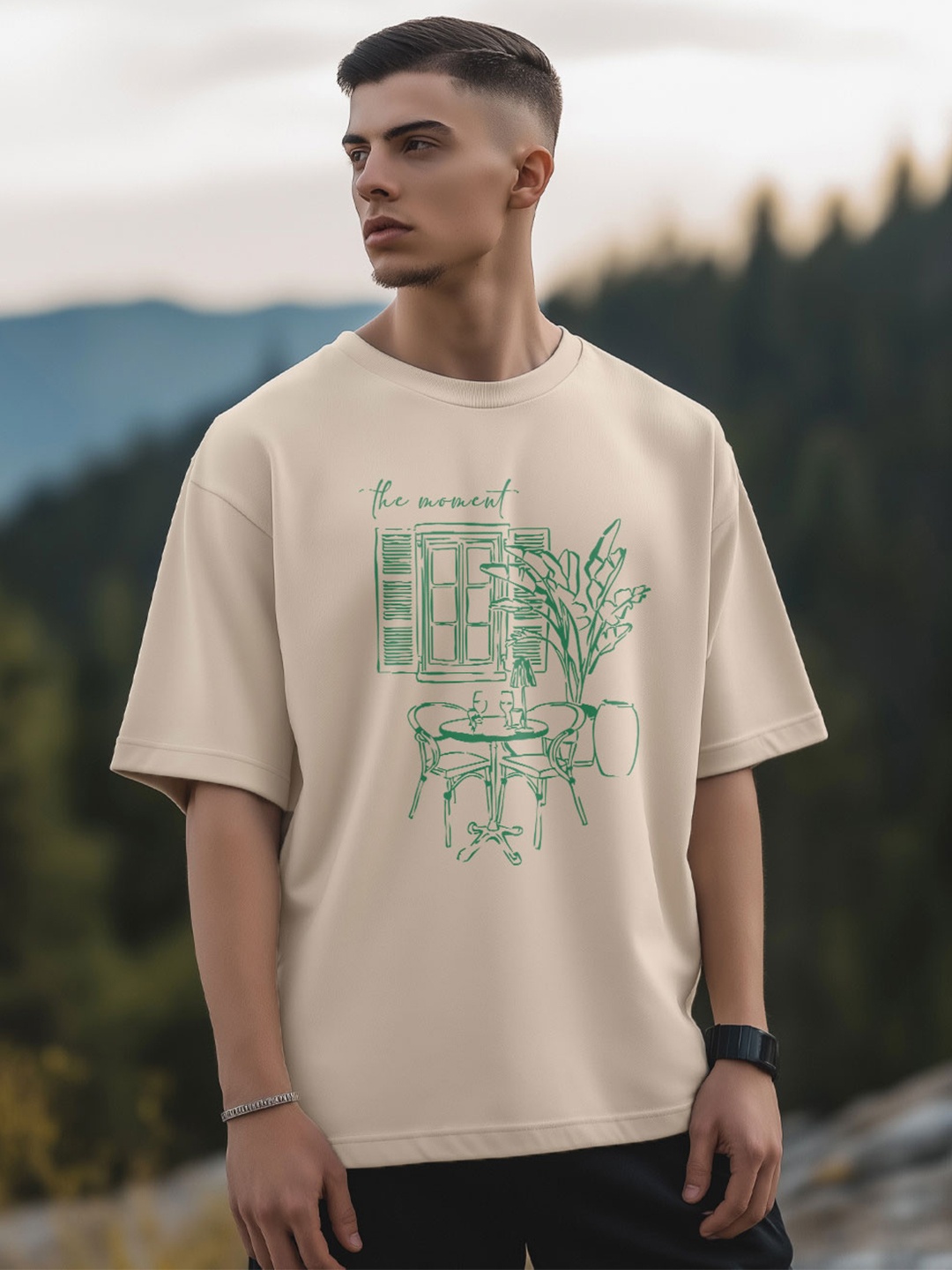 

NOBERO Men Graphic Printed Round Neck Cotton Oversized T-shirt, Beige