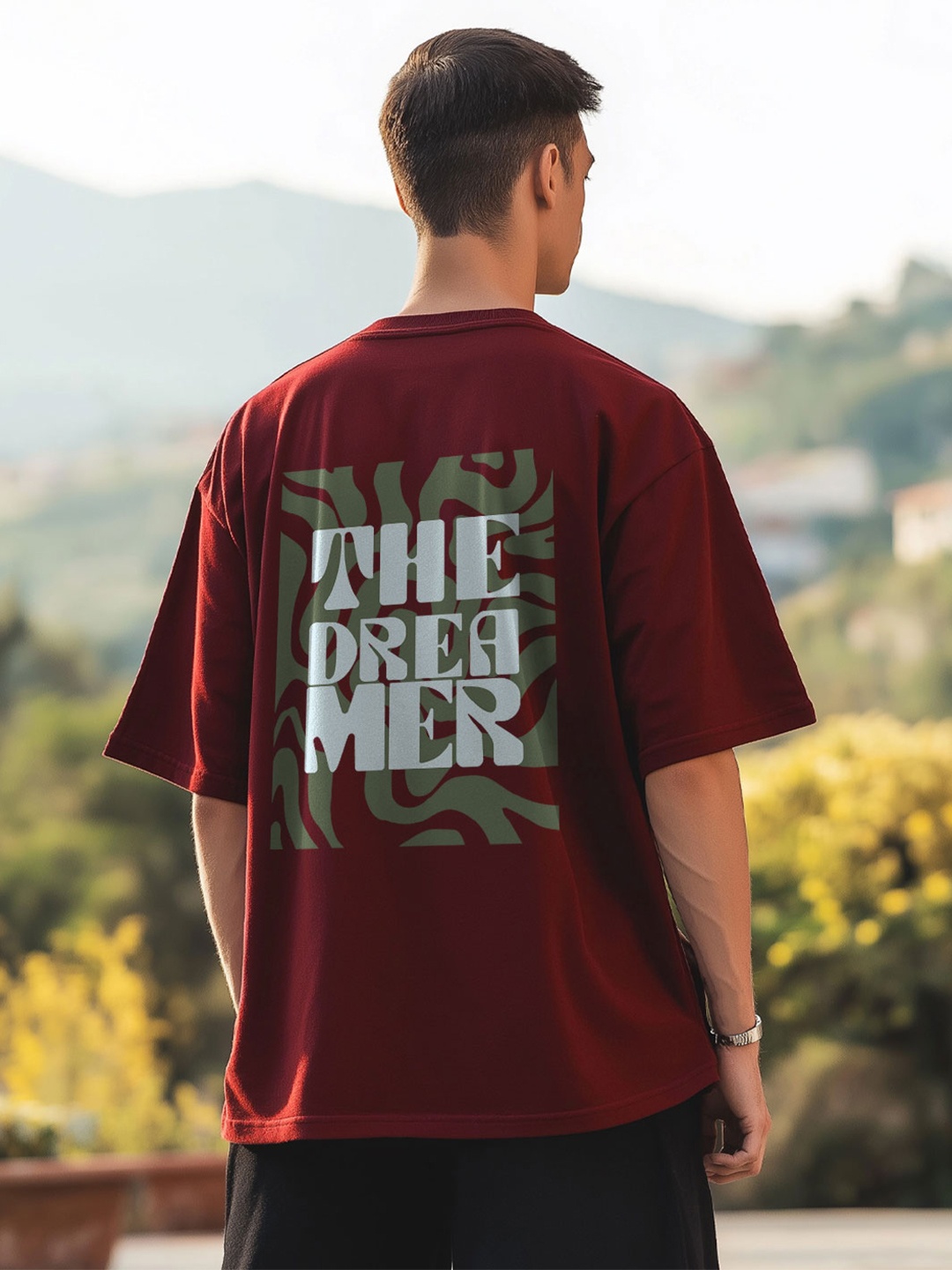 

NOBERO Men Typography Printed Round Neck Cotton Oversized T-shirt, Maroon