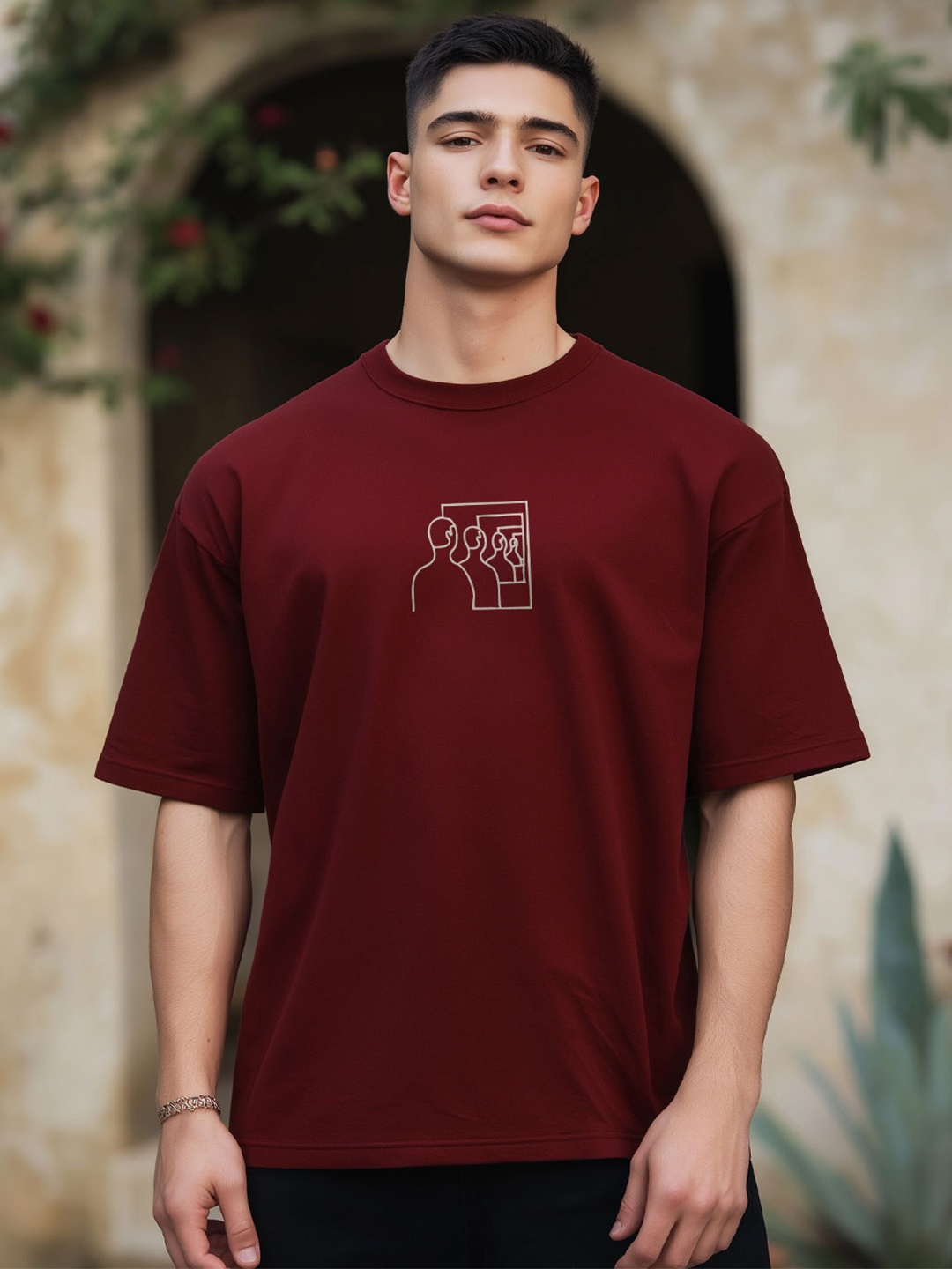 

NOBERO Men Graphic Printed Round Neck Cotton Oversized T-shirt, Maroon