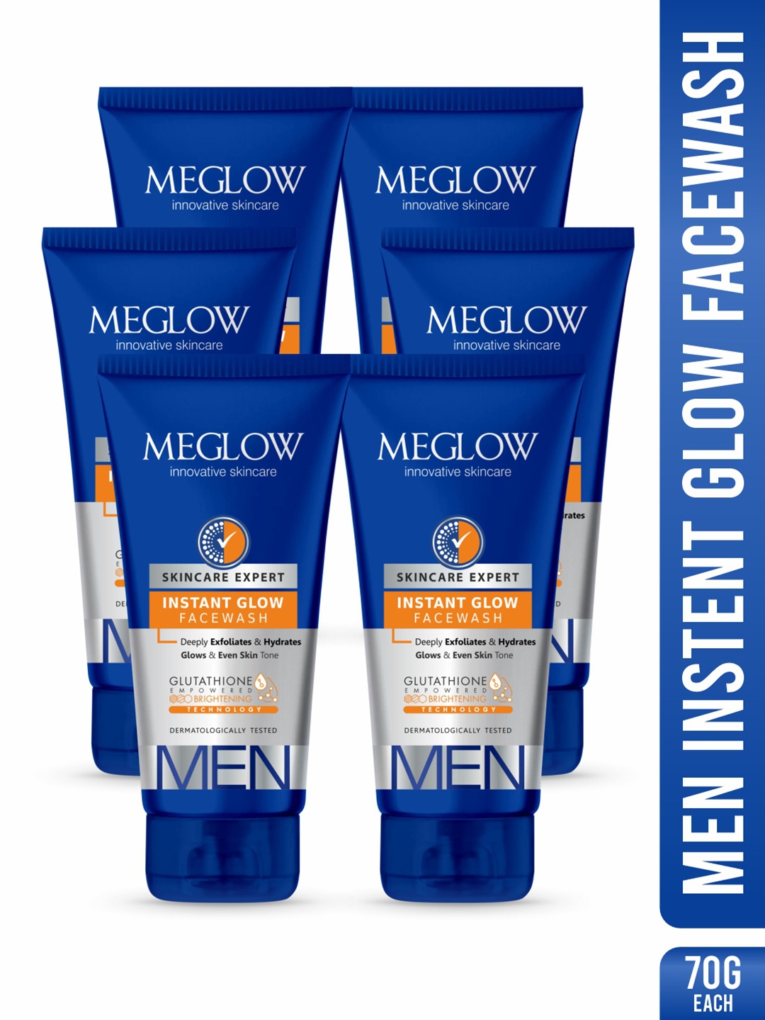 

MEGLOW Men Inovative Skincare Set Of 6 Instant Glow Gultathion Face Wash - 70 g Each, Blue