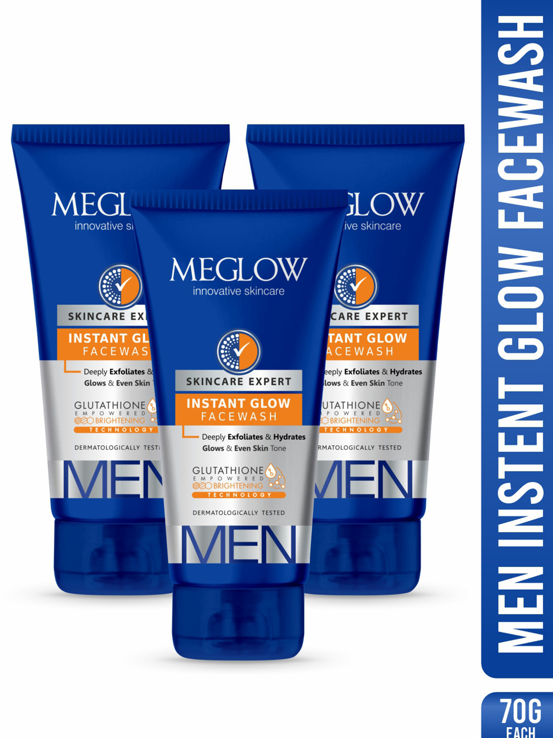 

MEGLOW Men Inovative Skincare Set Of 3 Instant Glow Gultathion Face Wash - 70 g Each, Blue