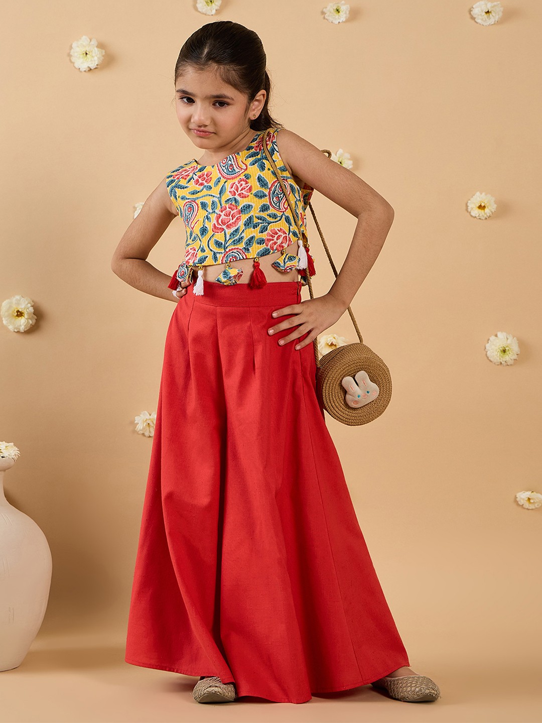 

pspeaches Girls Floral Printed Pure Cotton Top With Palazzos, Red