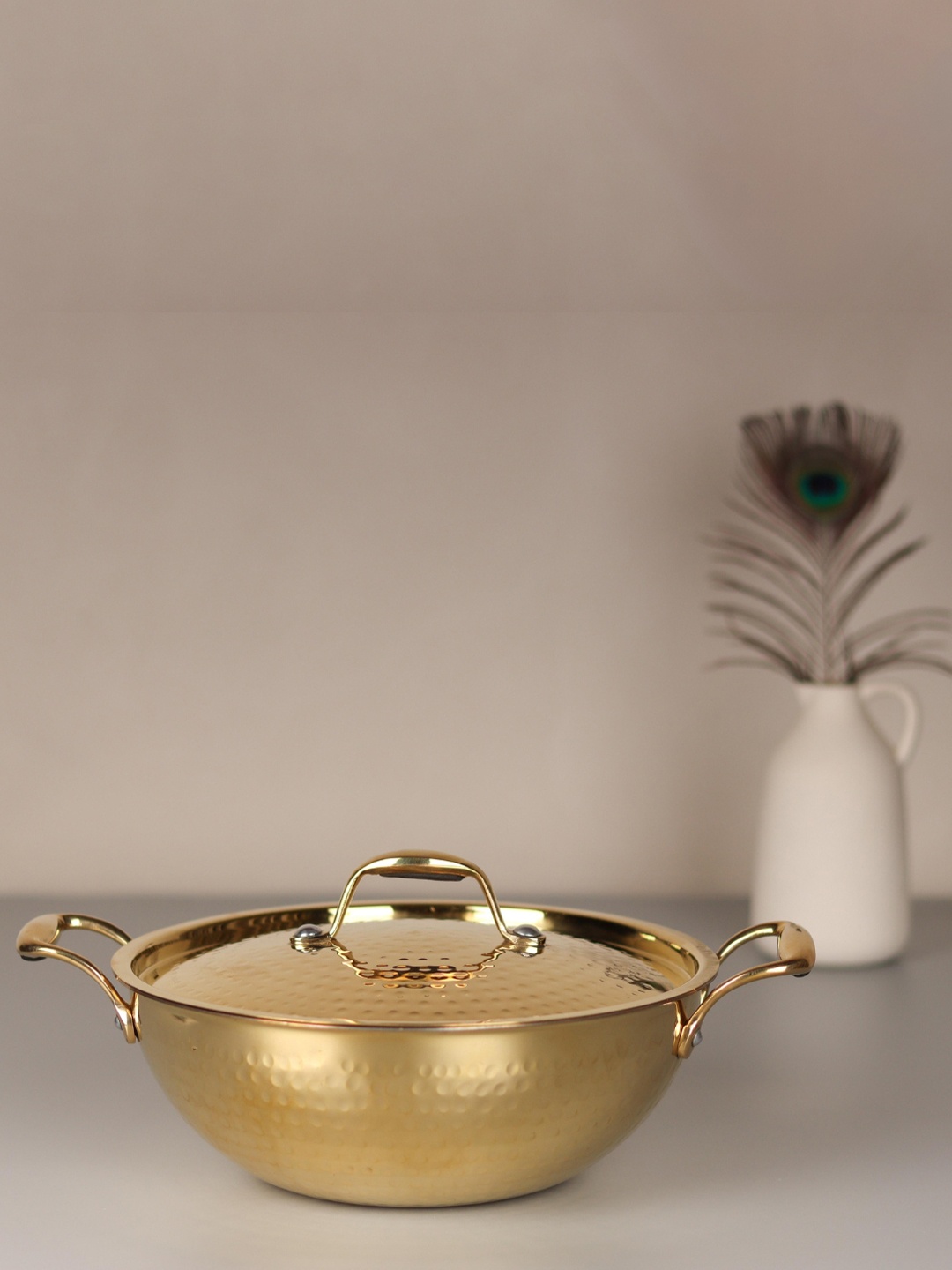 

Swadeshi Blessings Golden Brass Kadai for cooking With Lid 2L, Gold