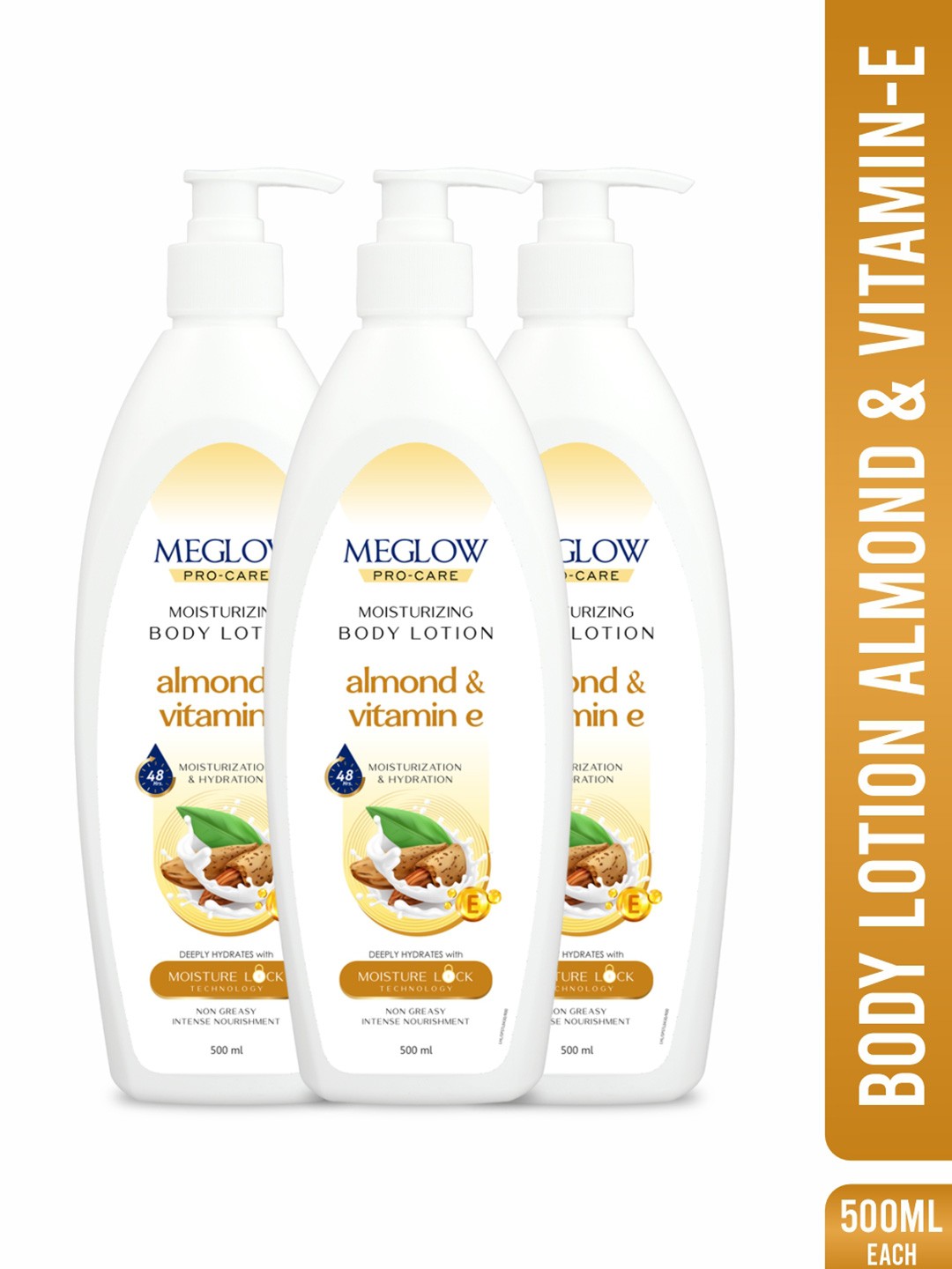 

MEGLOW Set Of 3 Almond & Vitamin E Hydrating & Moisturizing Body Lotion - 500 ml Each, White