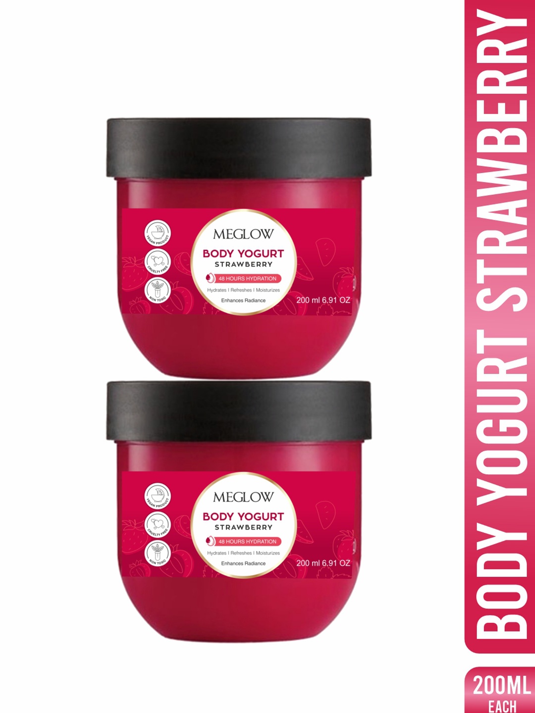 

MEGLOW Set Of 2 Strawberry Yogurt 48Hrs Hydrating & Moisturizing Body Cream - 200 ml Each, Red