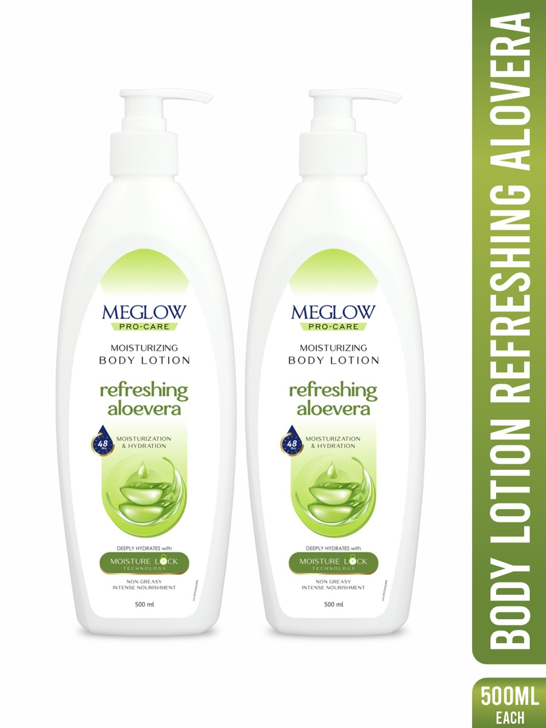 

MEGLOW Set Of 2 Refreshing Aloevera 48Hrs Moisturizing Body Lotion 500 ml Each, White
