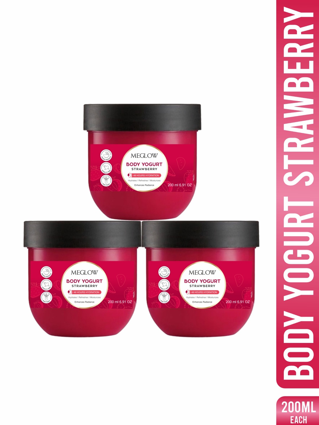 

MEGLOW Set Of 3 Strawberry Yogurt 48Hrs Hydrating & Moisturizing Body Cream - 200 ml Each, Red