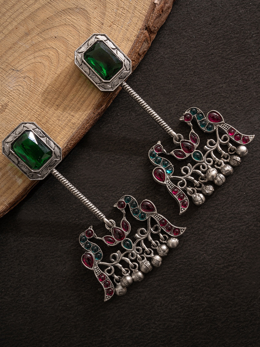 

PANASH Silver-Plated Artifical Stones Studded Contemporary Shaped Oxidised Drop Earrings