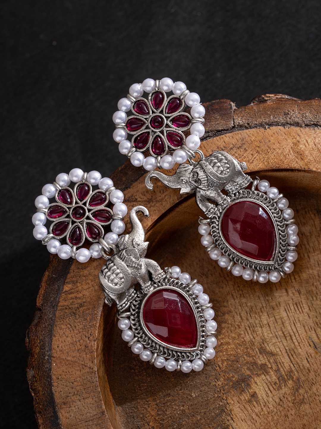 

PANASH Silver-Plated Stones Studded And Beaded Animal Shaped Oxidised Drop Earrings
