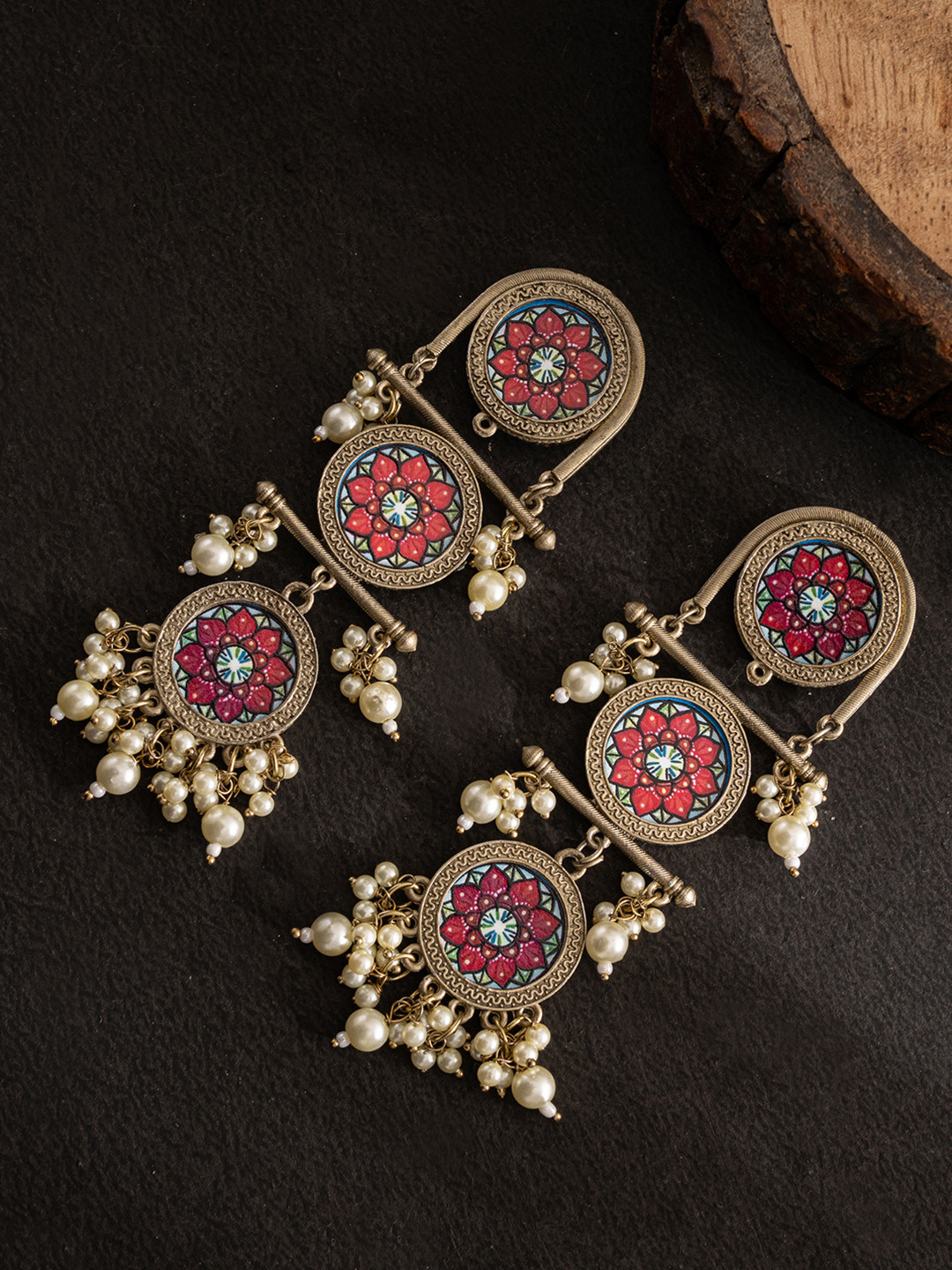 

PANASH Silver-Plated Beaded Circular Shaped Oxidised Drop Earrings